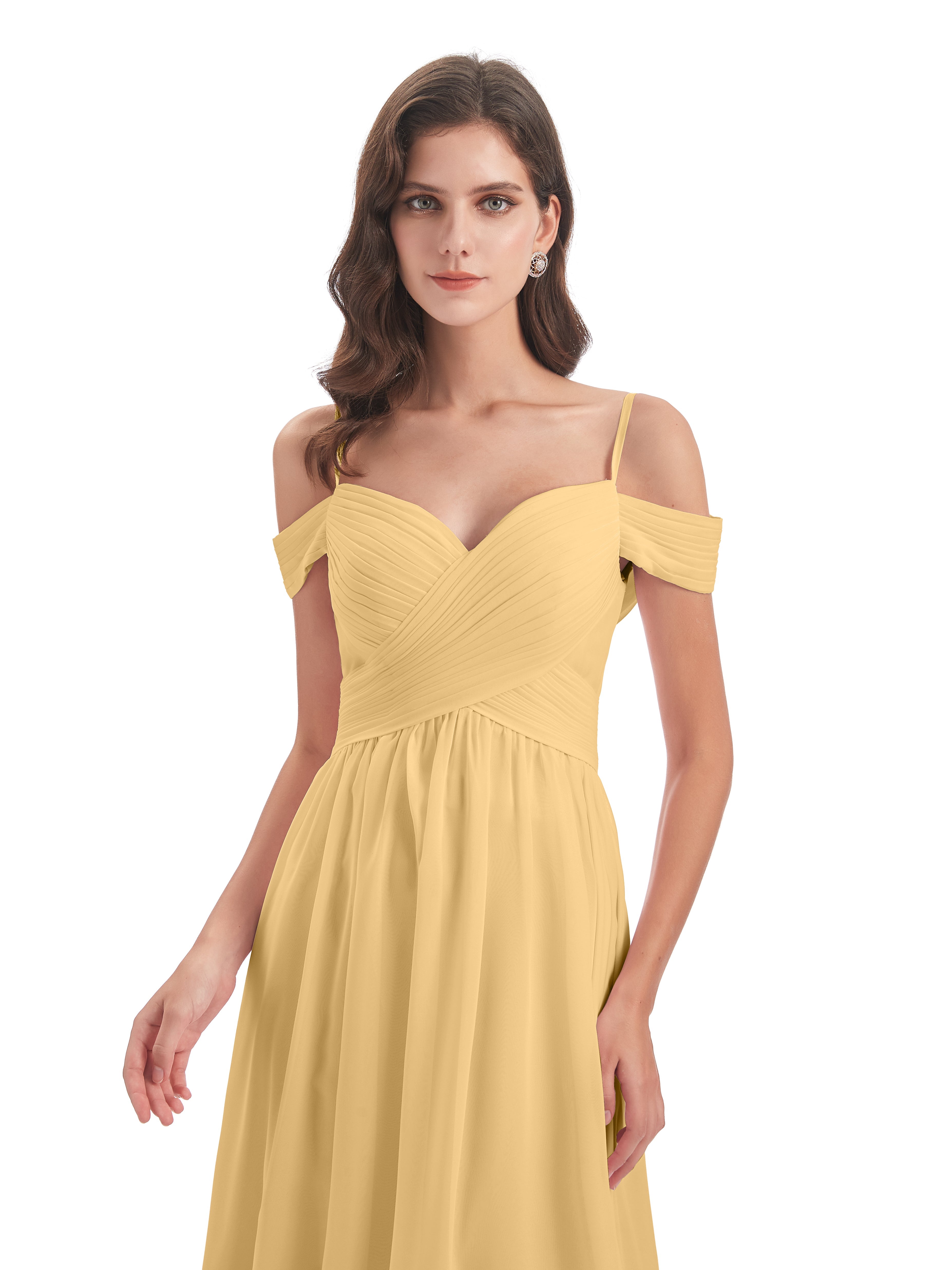 Robe Demoiselle D Honneur Dore Bretelles Spaghetti Trapèze Mousseline Robes Demoiselle D'Honneur