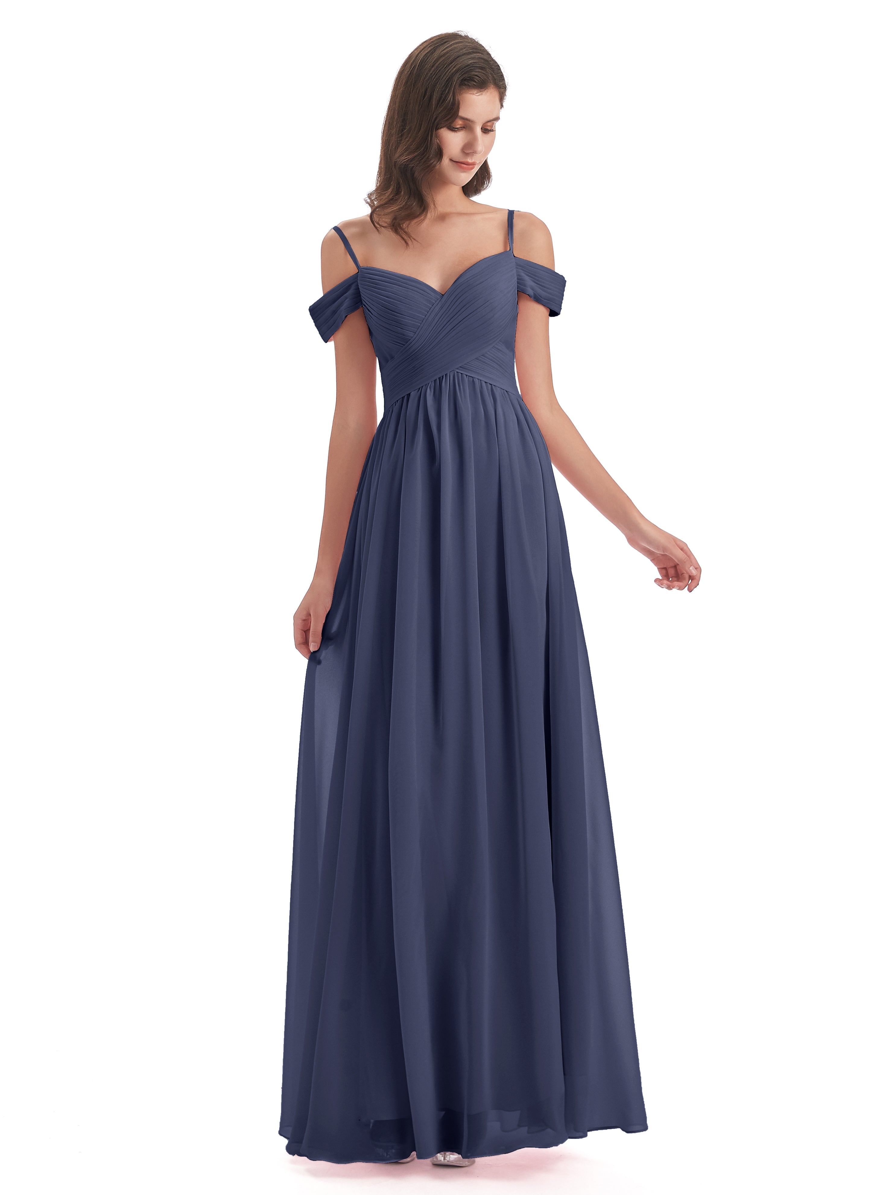 Robes De Demoiselle D'Honneur Bleu Orageux Bretelles Spaghetti Trapèze Mousseline Robes Demoiselle D'Honneur