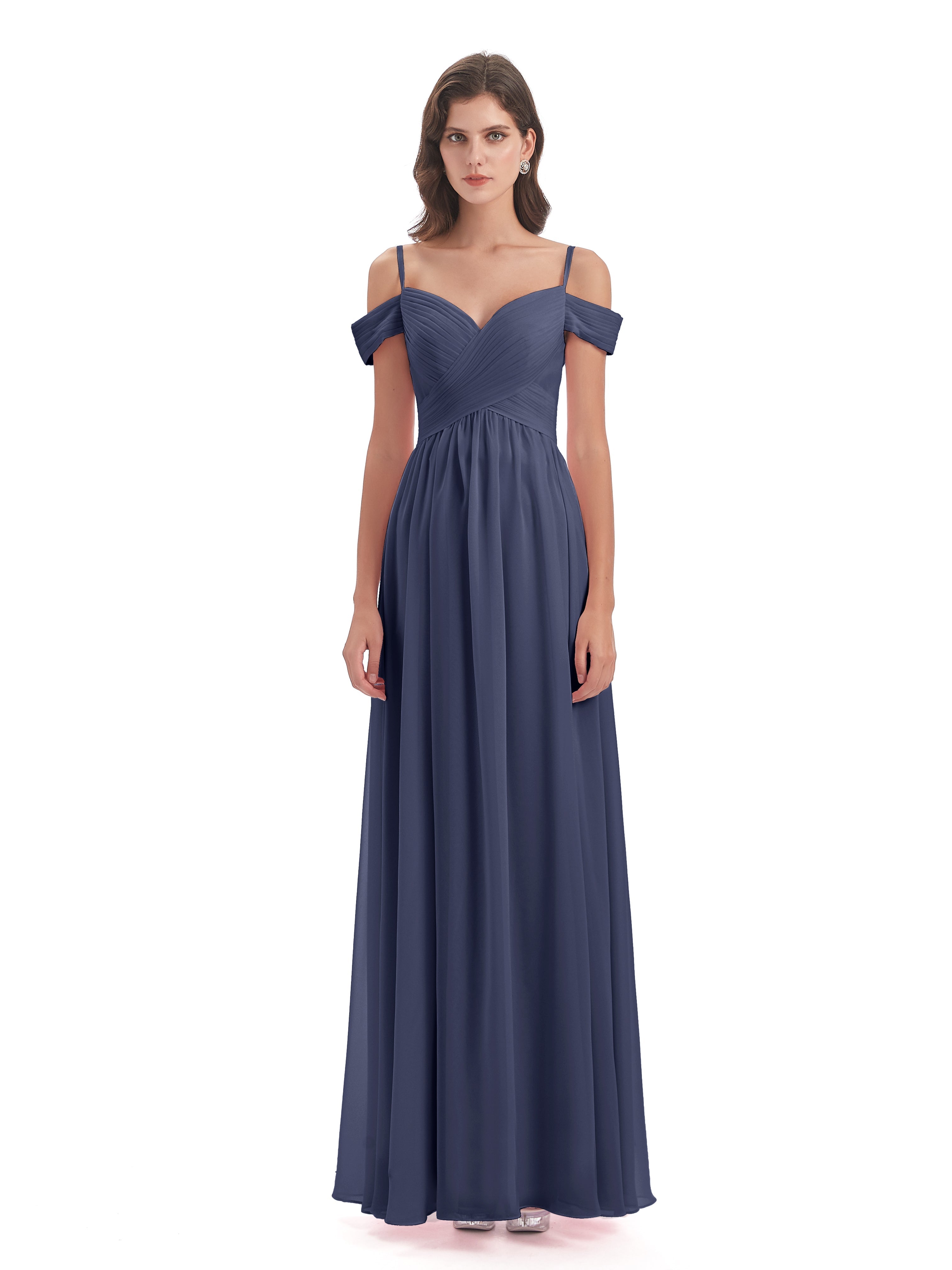 Robes De Demoiselle D'Honneur Bleu Orageux Bretelles Spaghetti Trapèze Mousseline Robes Demoiselle D'Honneur