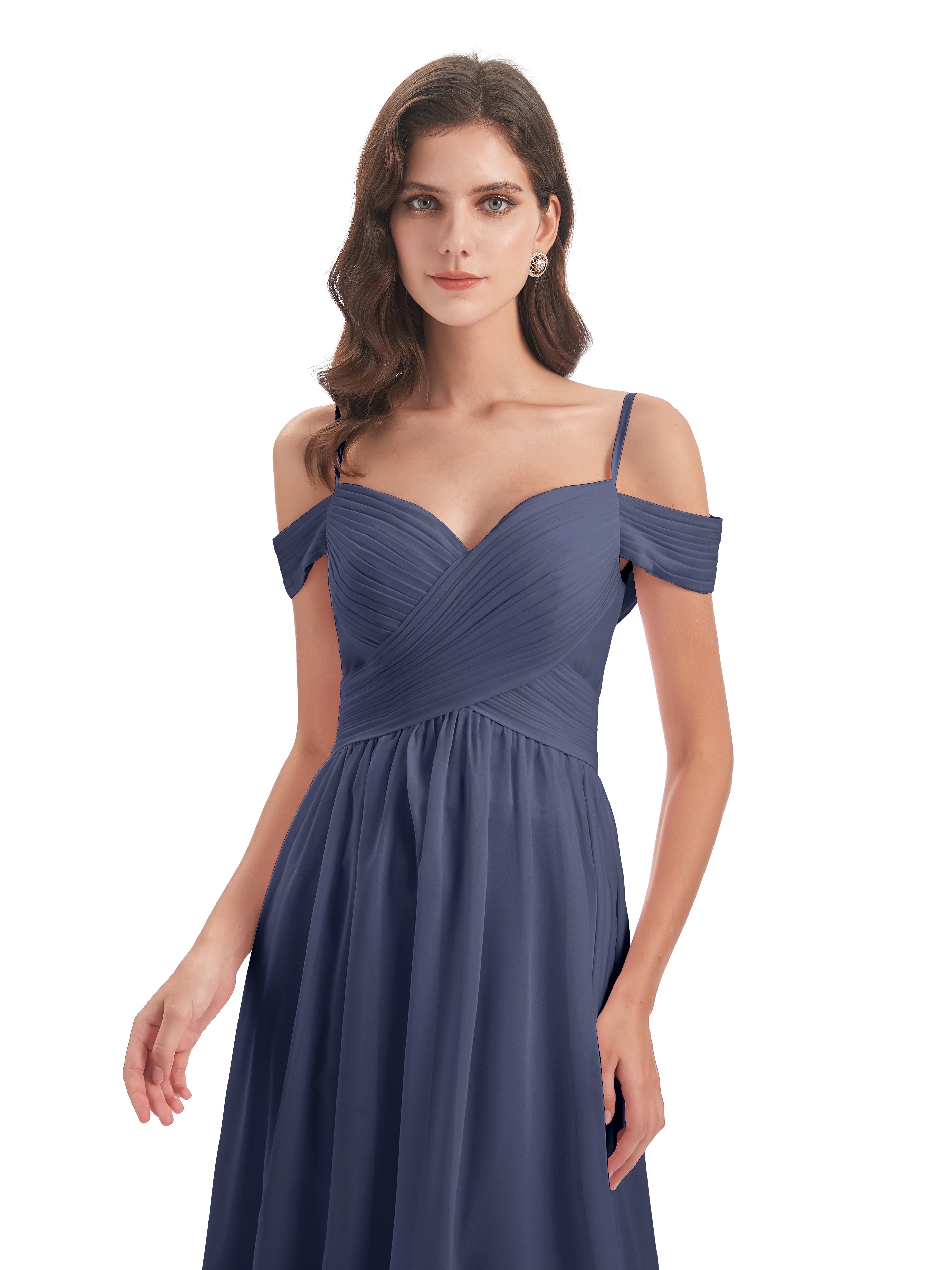 Robes De Demoiselle D'Honneur Bleu Orageux Bretelles Spaghetti Trapèze Mousseline Robes Demoiselle D'Honneur