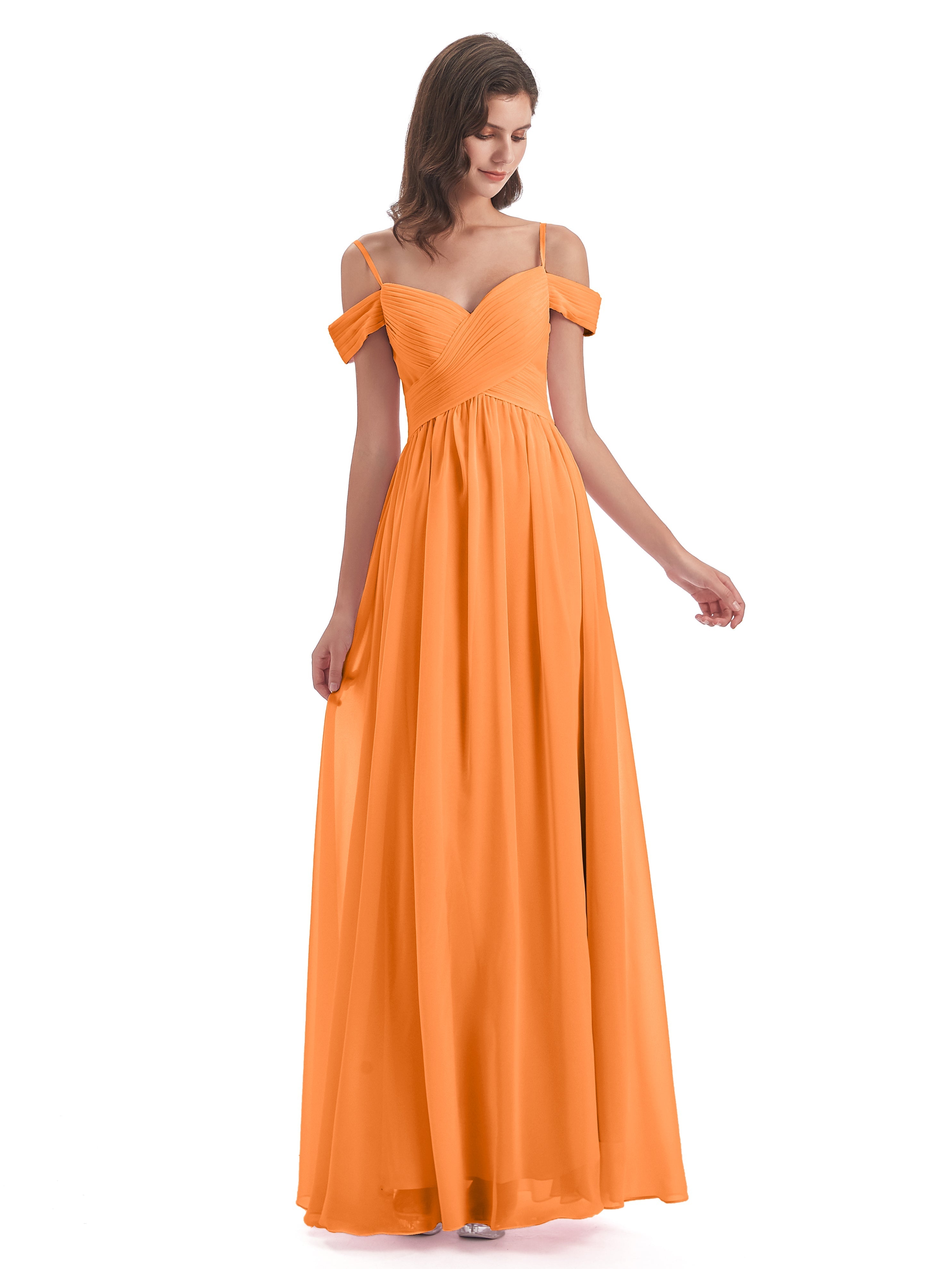 Robe Orange Demoiselle D Honneur Bretelles Spaghetti Trapèze Mousseline Robes Demoiselle D'Honneur