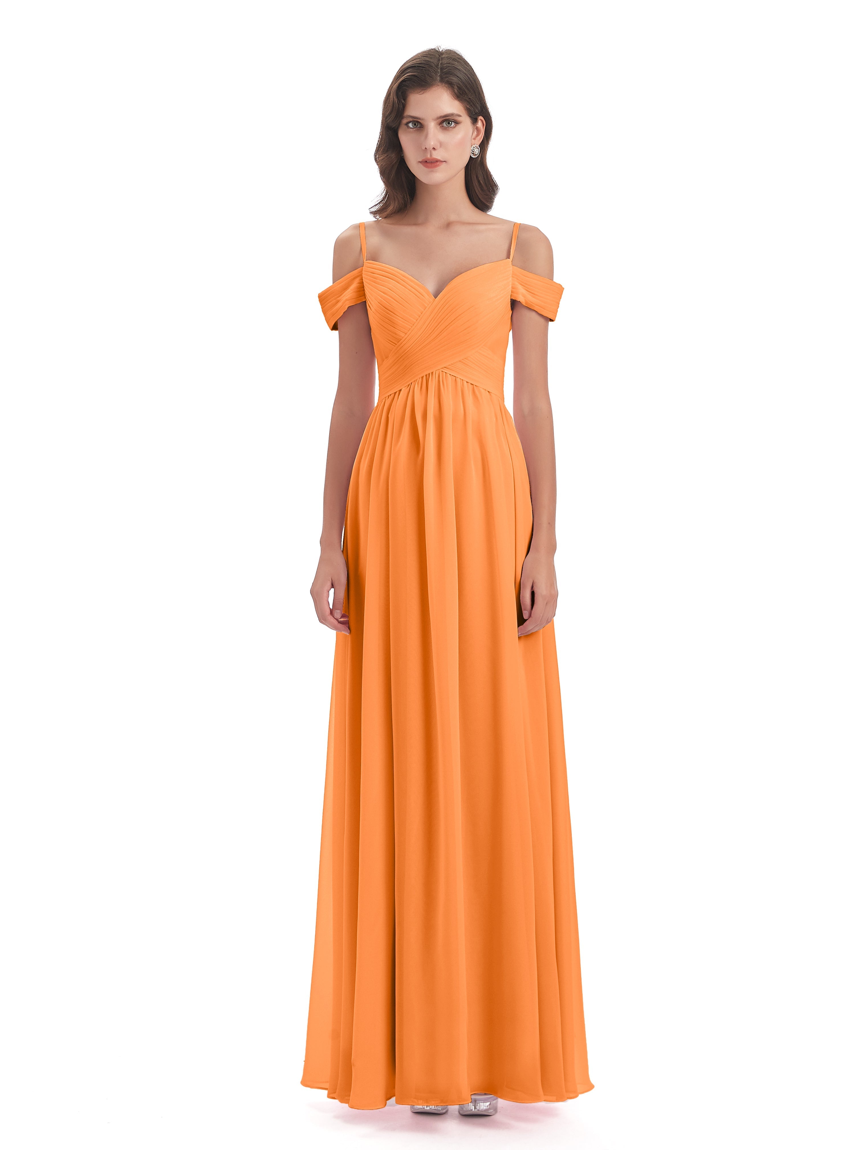 Robe Orange Demoiselle D Honneur Bretelles Spaghetti Trapèze Mousseline Robes Demoiselle D'Honneur