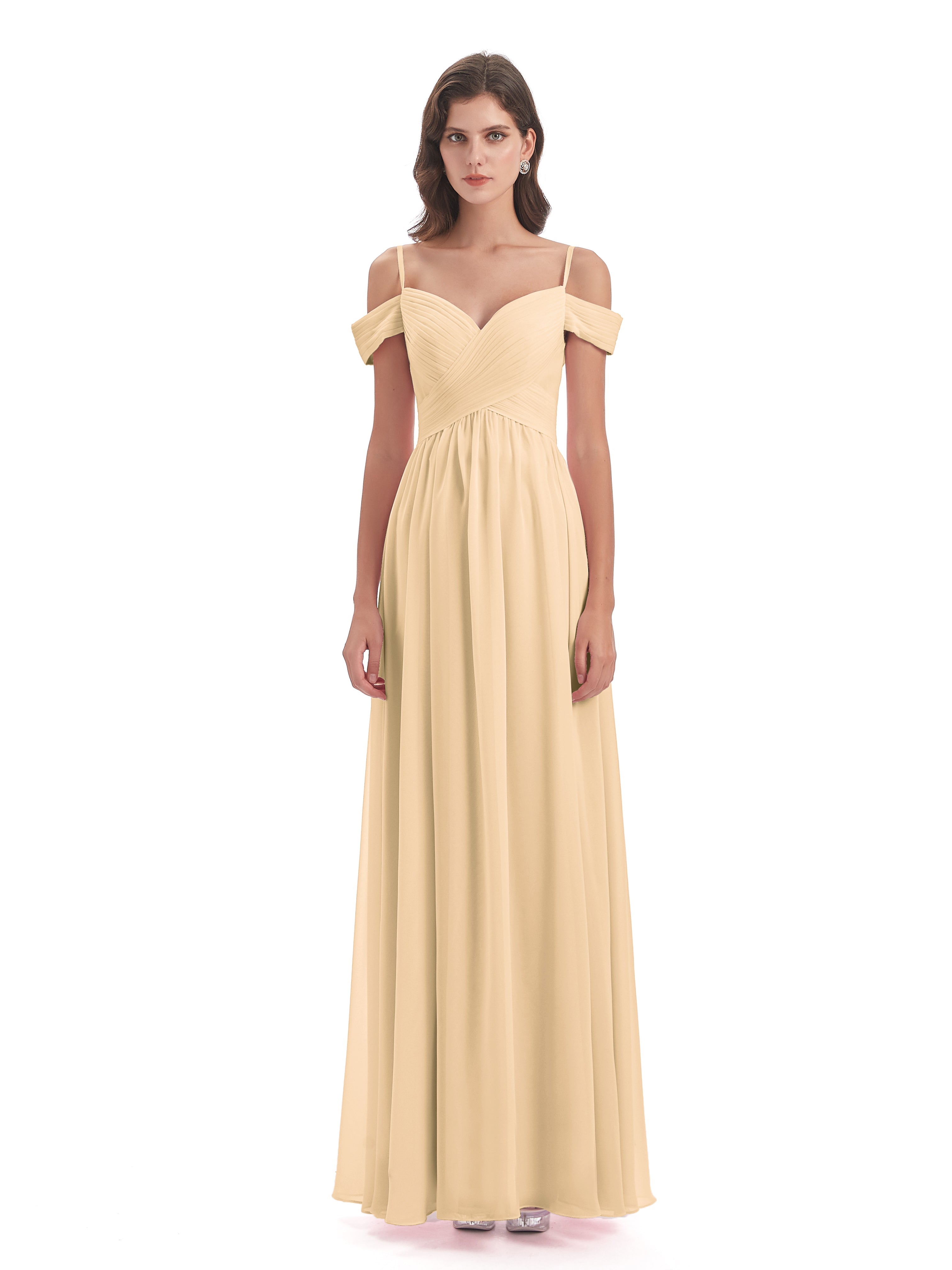Robe Peche Demoiselle D Honneur Bretelles Spaghetti Trapèze Mousseline Robes Demoiselle D'Honneur