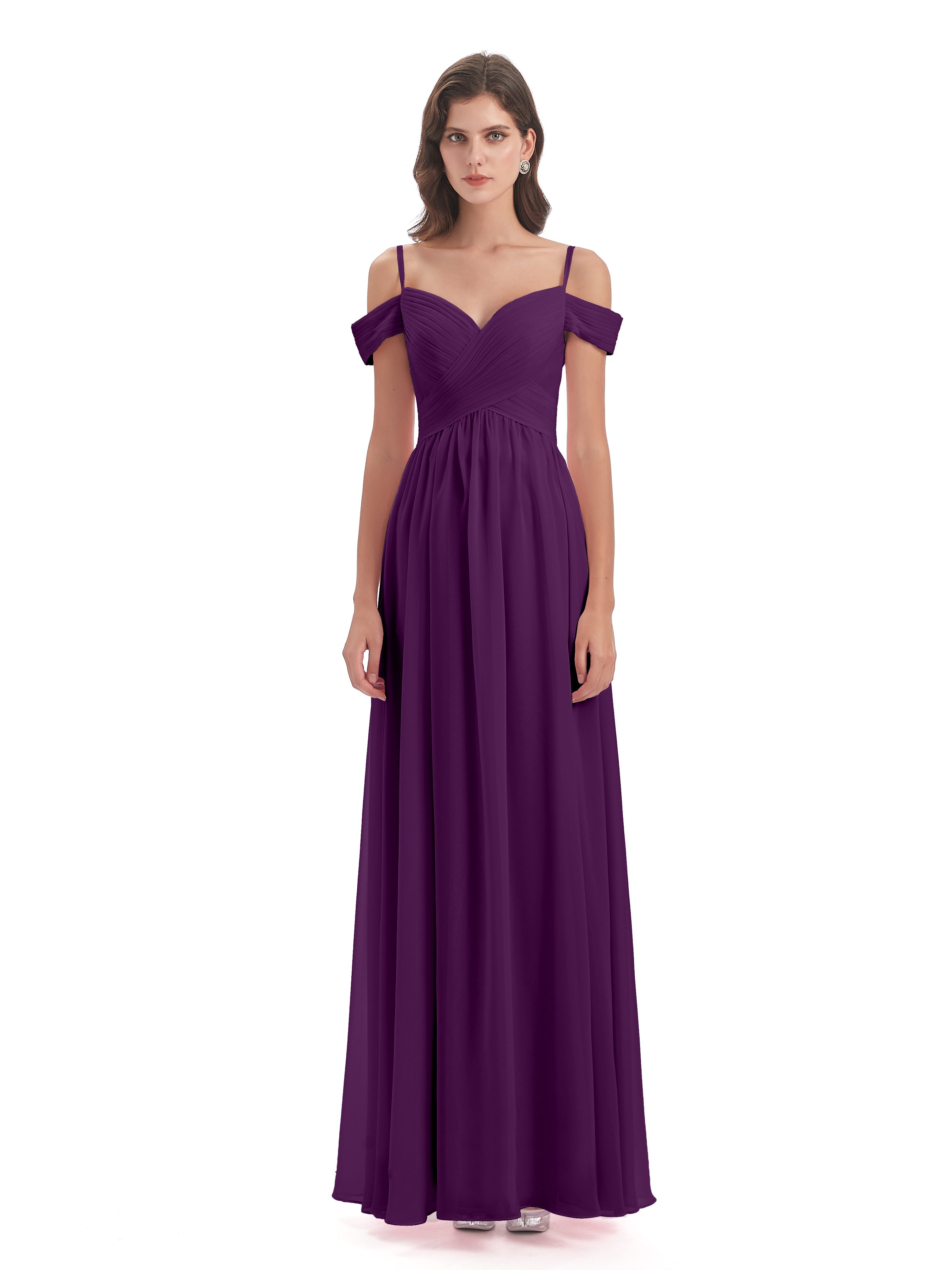 Robes De Demoiselle D'Honneur En Raisin Bretelles Spaghetti Trapèze Mousseline Robes Demoiselle D'Honneur