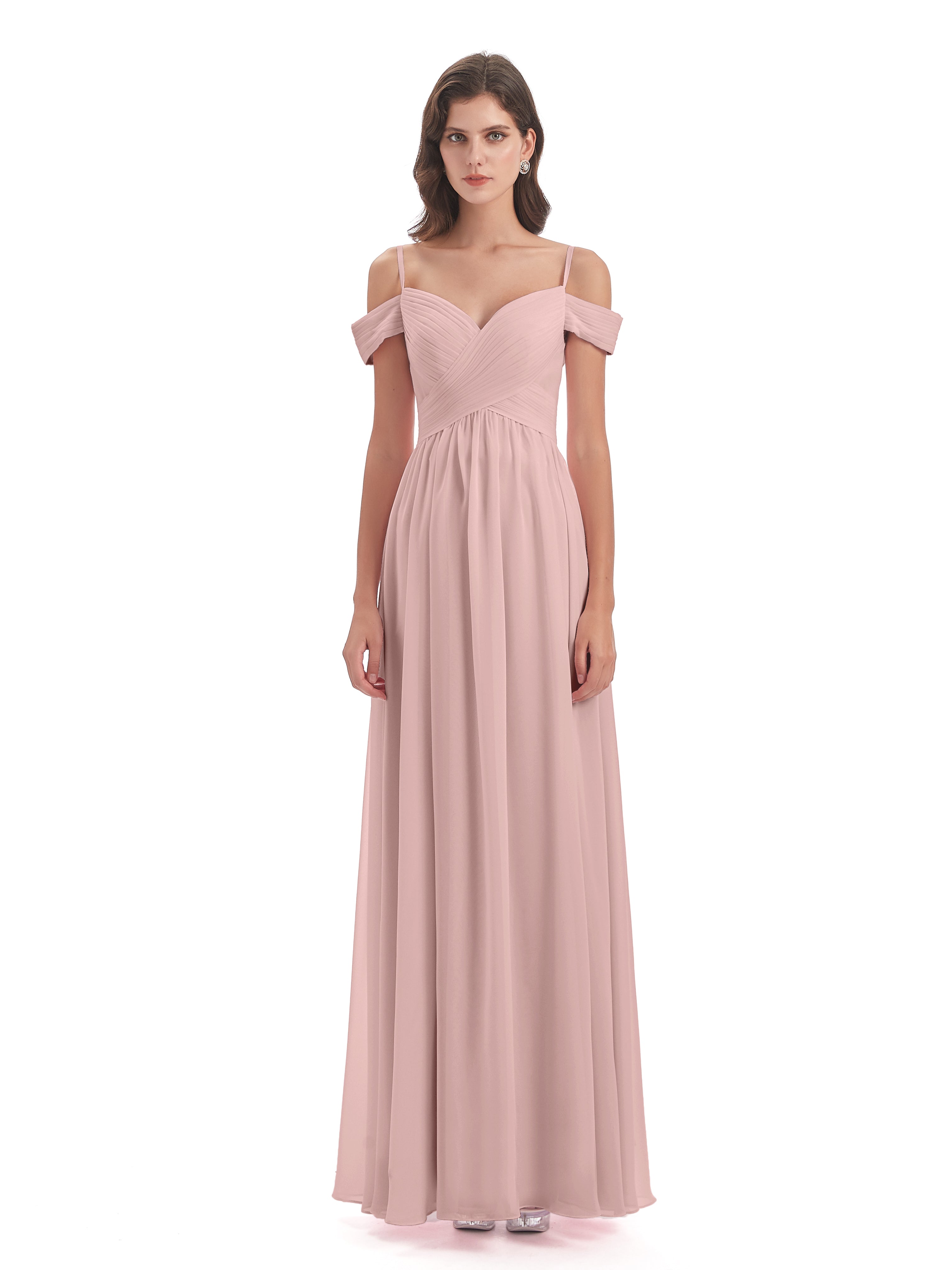 Robe De Demoiselle D Honneur Rose Poudré Bretelles Spaghetti Trapèze Mousseline Robes Demoiselle D'Honneur