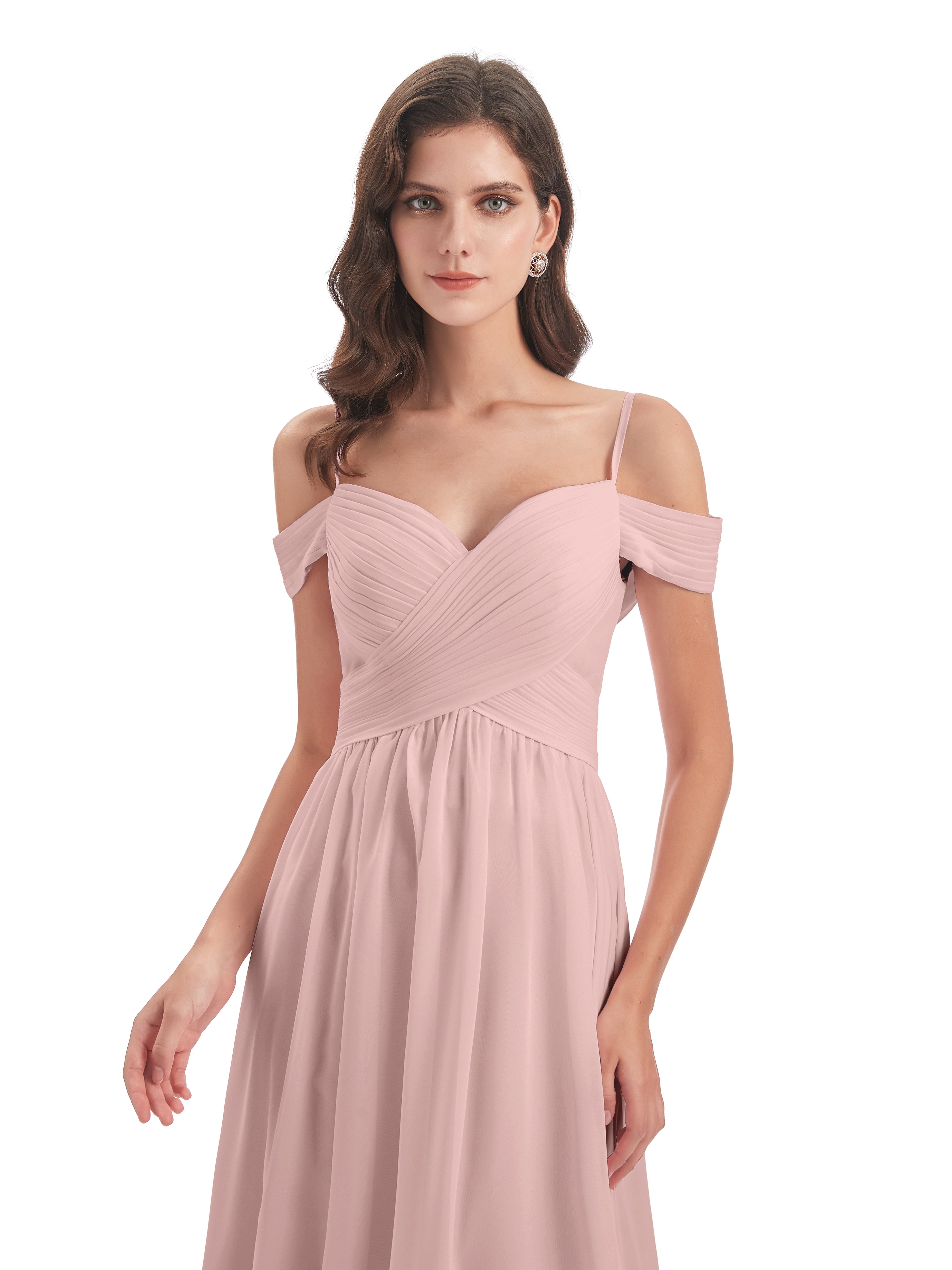 Robe De Demoiselle D Honneur Rose Poudré Bretelles Spaghetti Trapèze Mousseline Robes Demoiselle D'Honneur