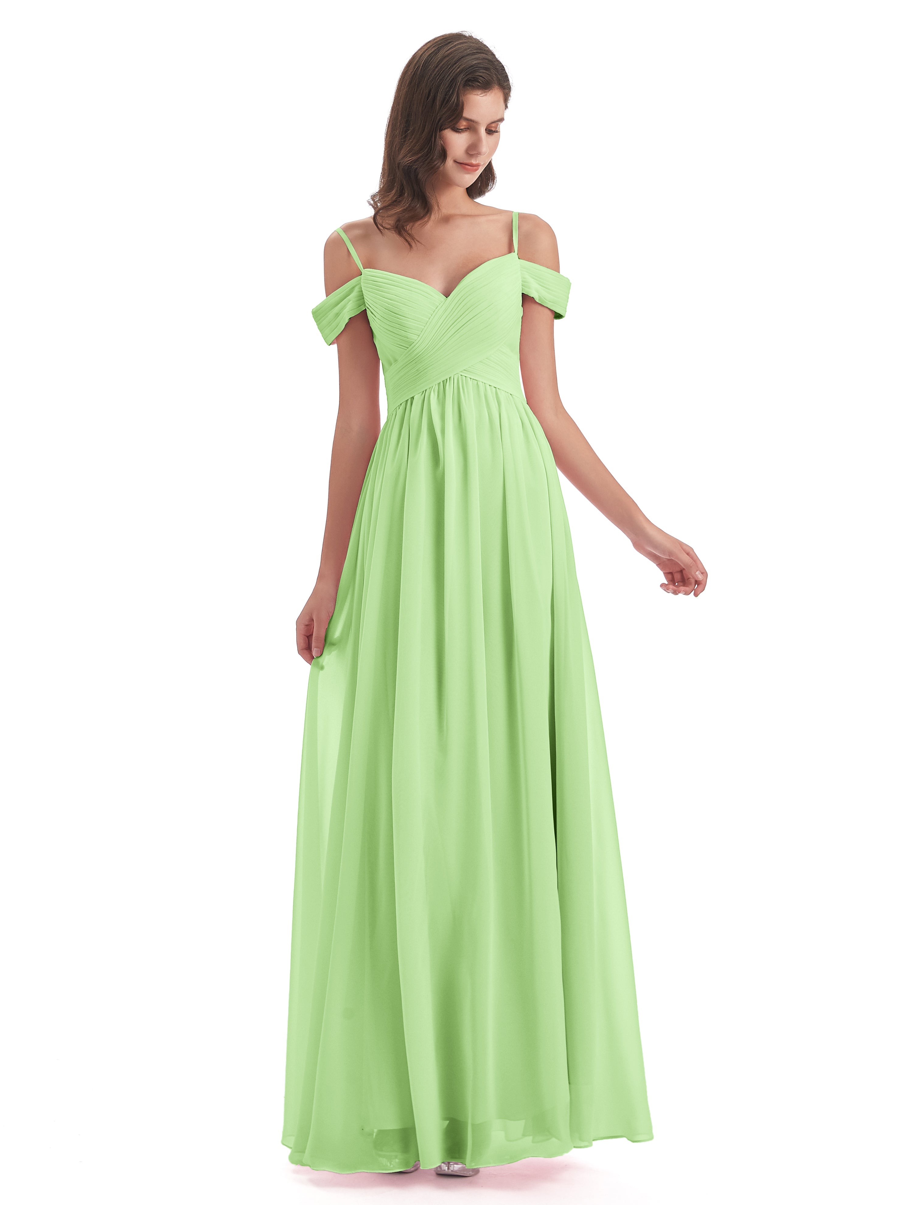 Demoiselle D Honneur Vert Sauge Bretelles Spaghetti Trapèze Mousseline Robes Demoiselle D'Honneur