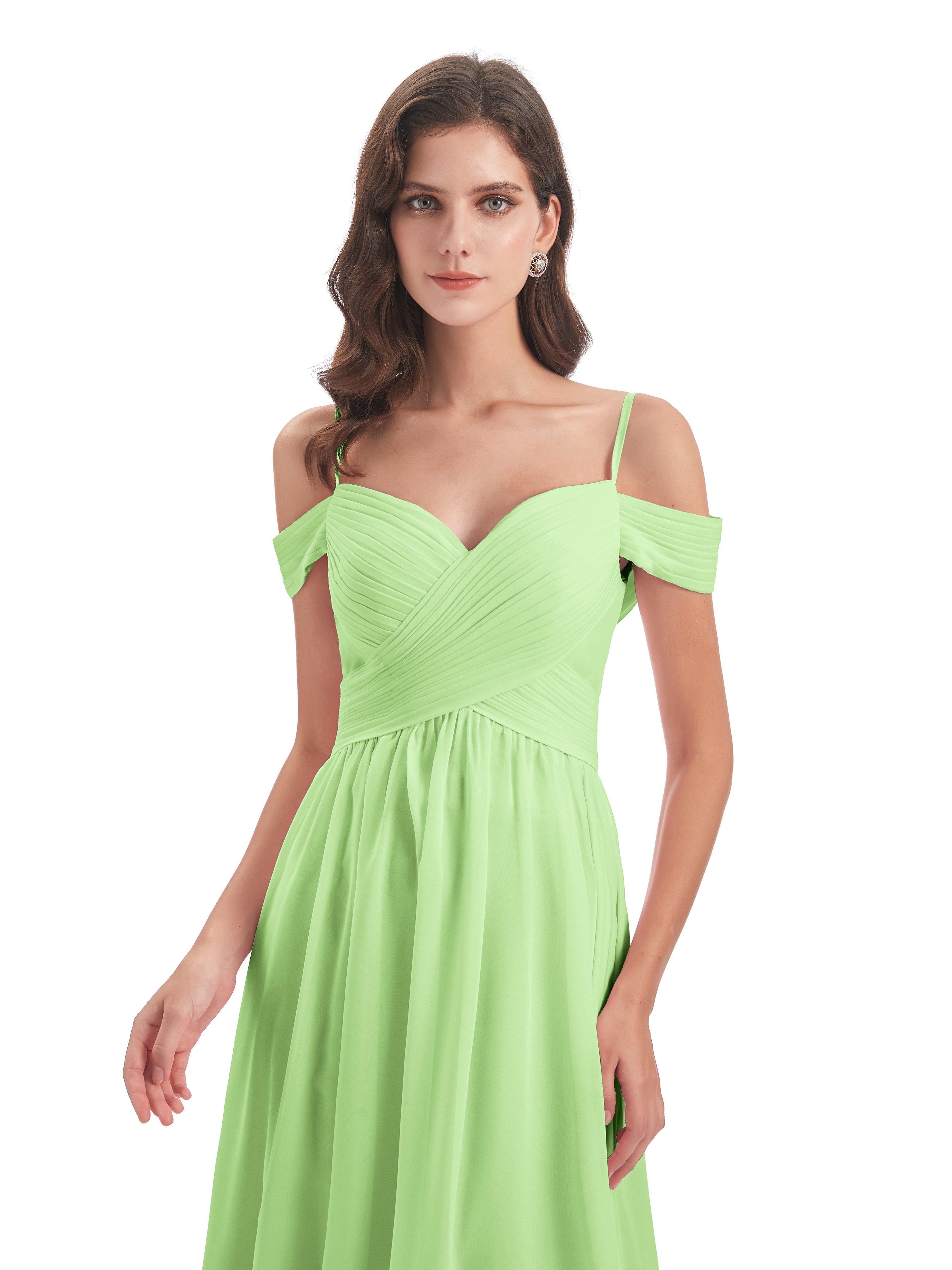 Demoiselle D Honneur Vert Sauge Bretelles Spaghetti Trapèze Mousseline Robes Demoiselle D'Honneur
