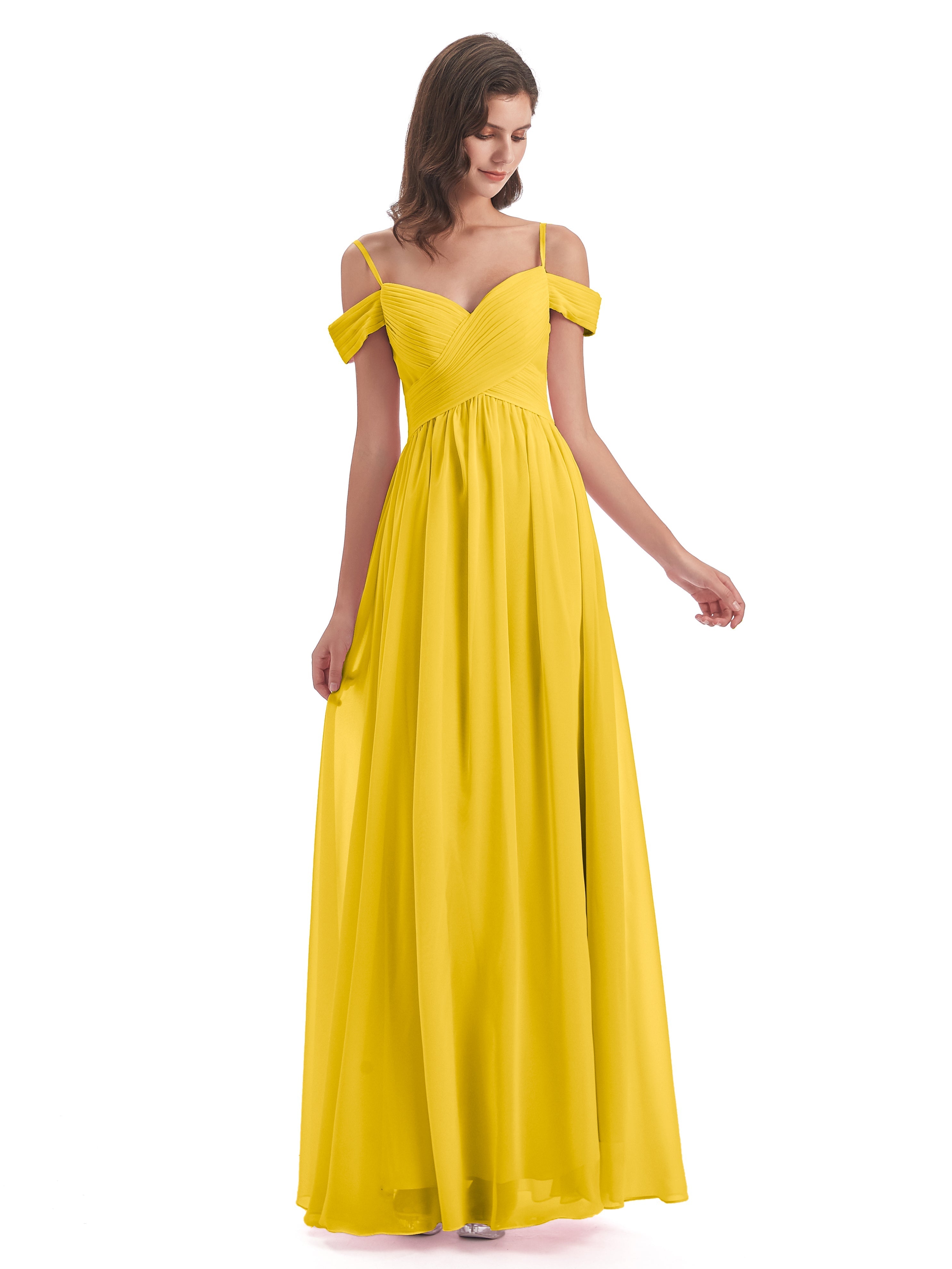 Robe De Demoiselle D'Honneur Souci Bretelles Spaghetti Trapèze Mousseline Robes Demoiselle D'Honneur