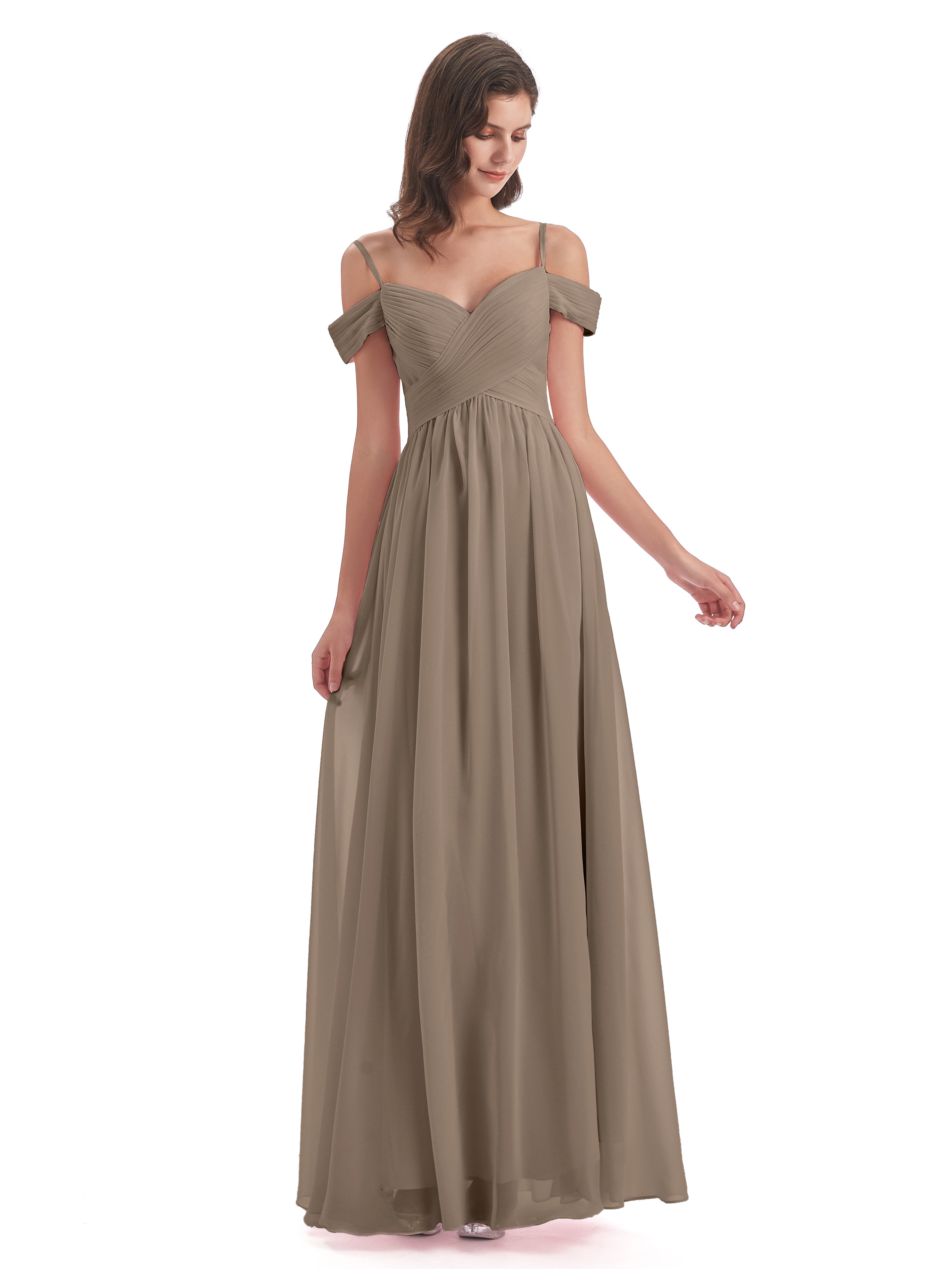 Couleur Taupe Robe Bretelles Spaghetti Trapèze Mousseline Robes Demoiselle D'Honneur