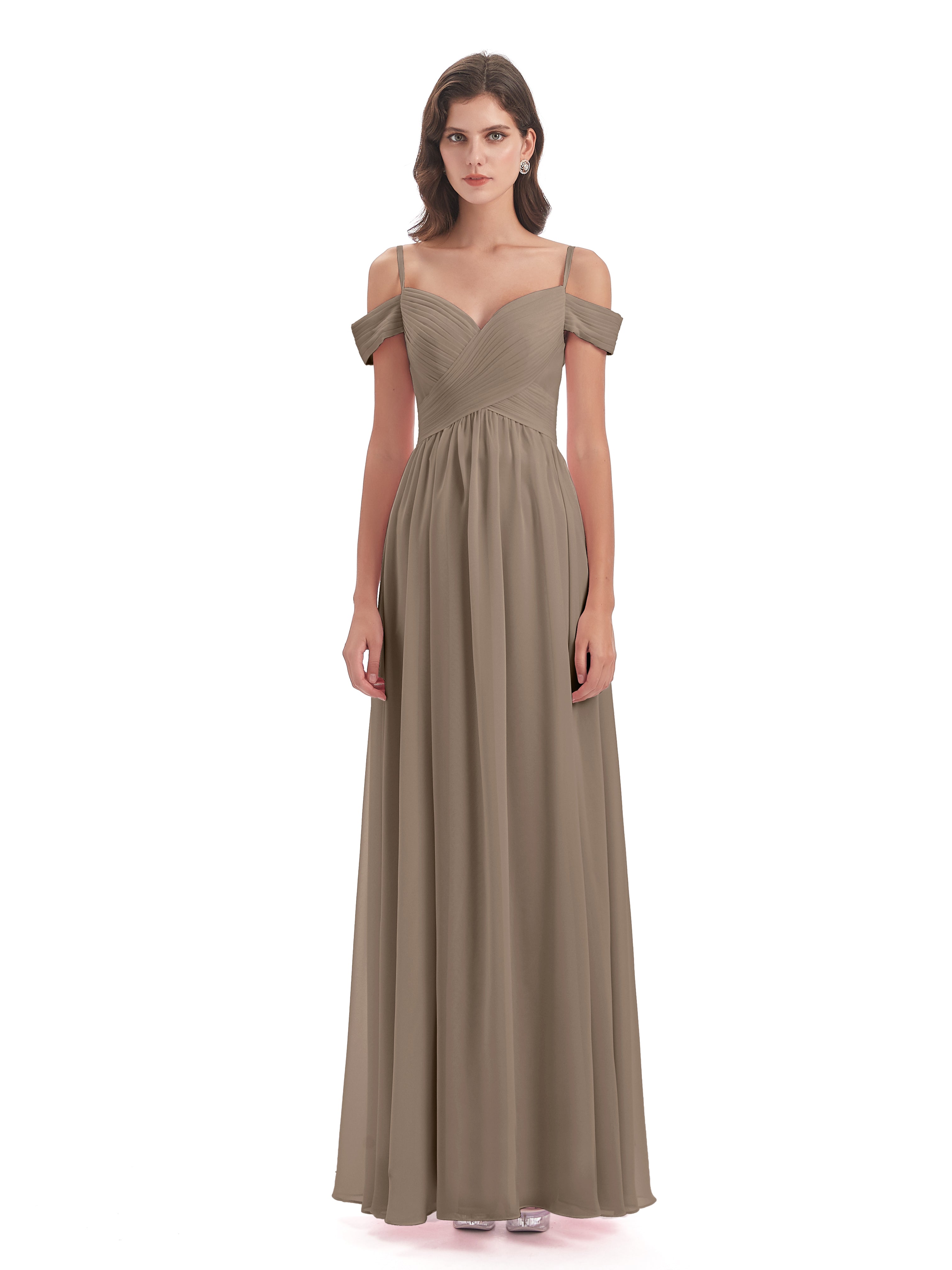 Couleur Taupe Robe Bretelles Spaghetti Trapèze Mousseline Robes Demoiselle D'Honneur