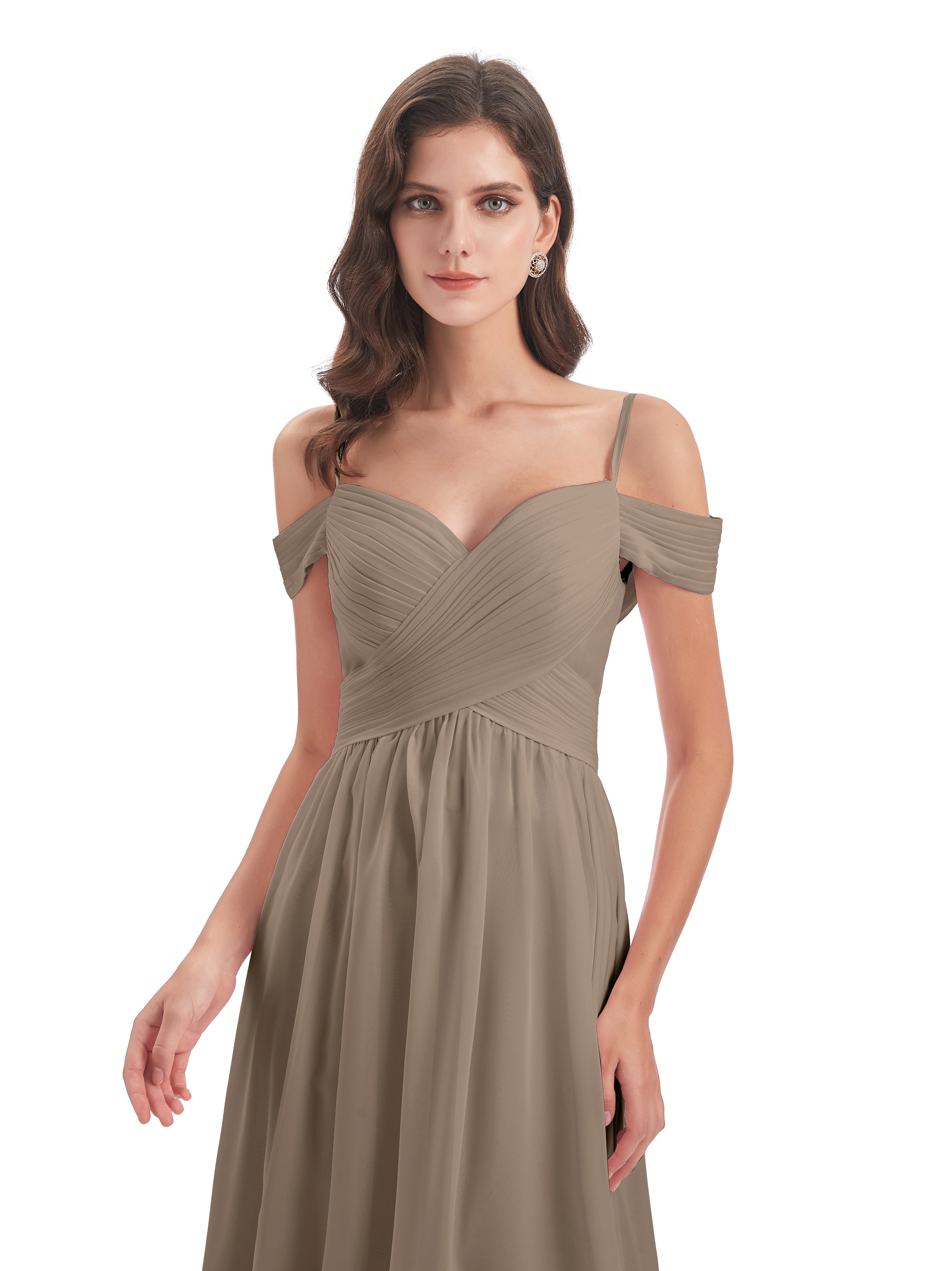 Couleur Taupe Robe Bretelles Spaghetti Trapèze Mousseline Robes Demoiselle D'Honneur