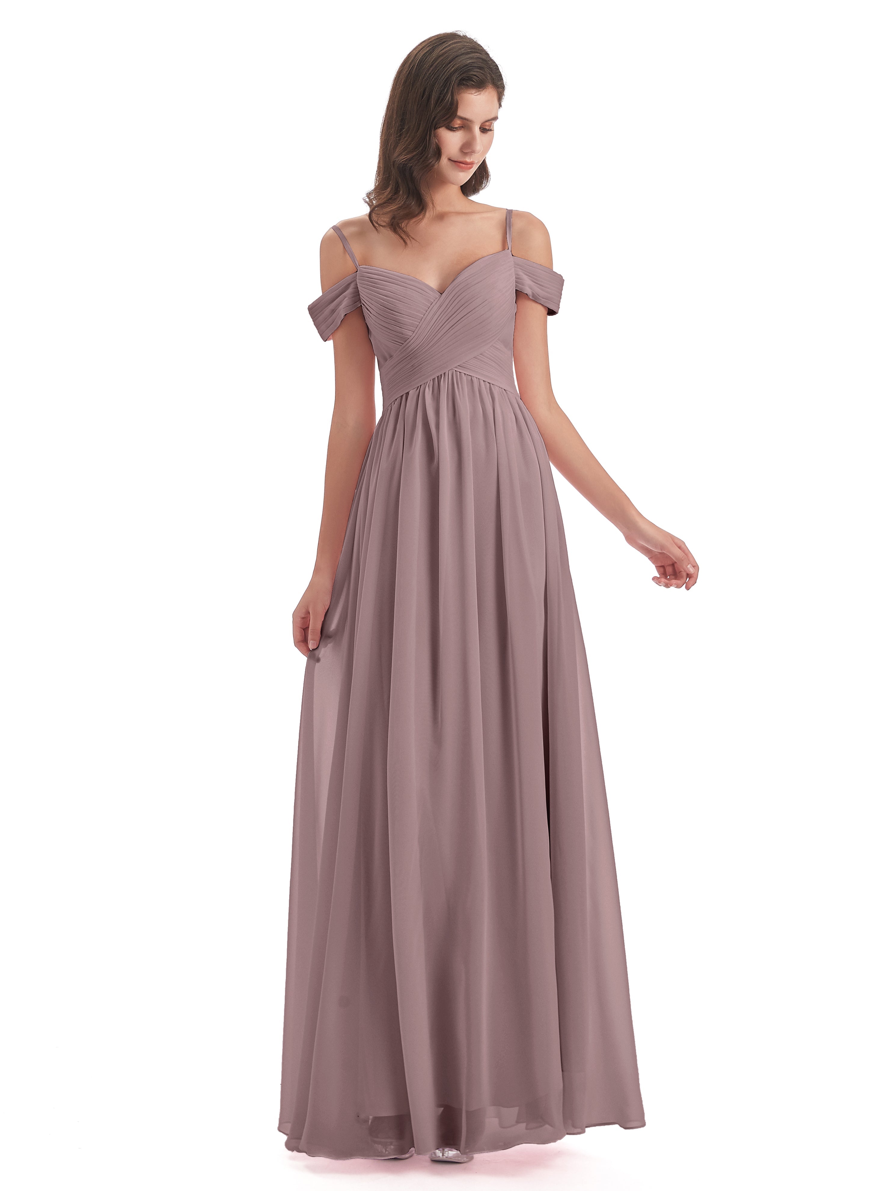 Robes De Demoiselle D'Honneur Mauve Foncé Bretelles Spaghetti Trapèze Mousseline Robes Demoiselle D'Honneur