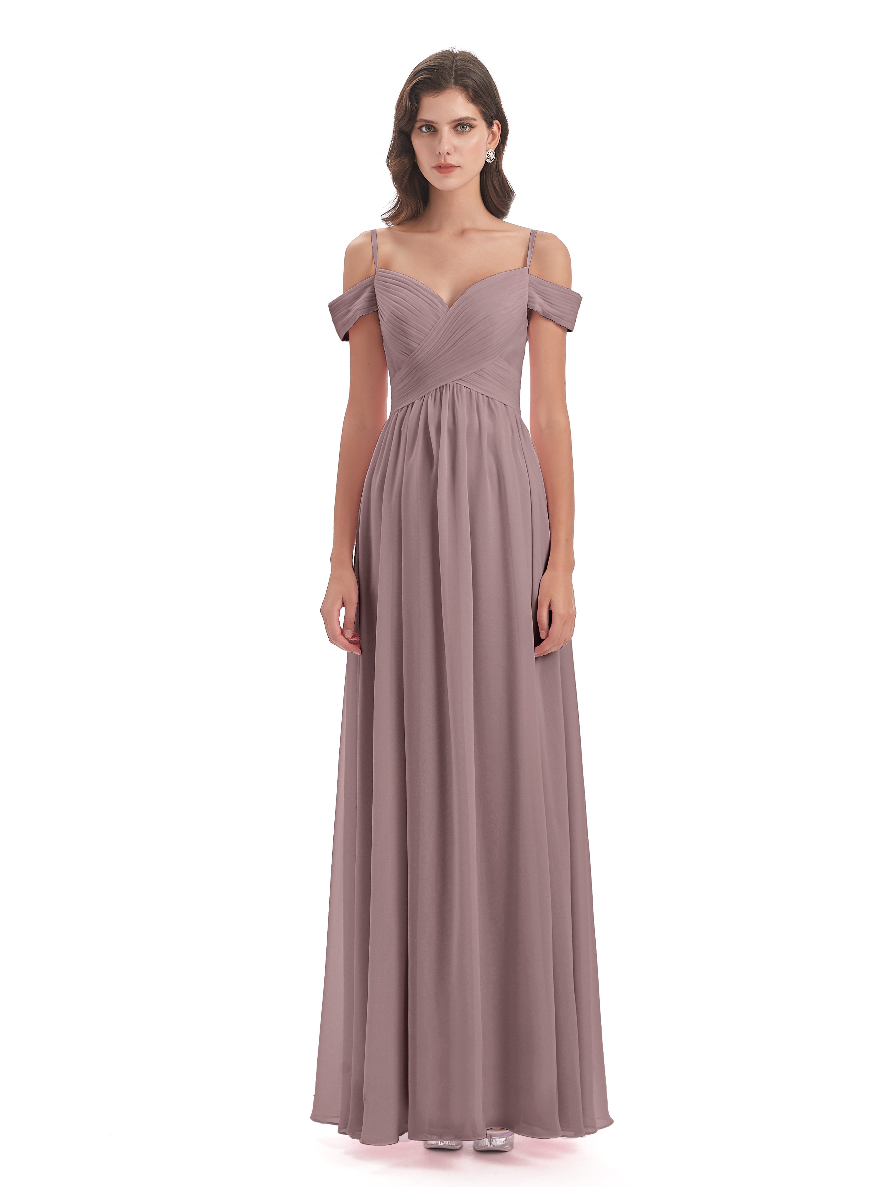 Robes De Demoiselle D'Honneur Mauve Foncé Bretelles Spaghetti Trapèze Mousseline Robes Demoiselle D'Honneur