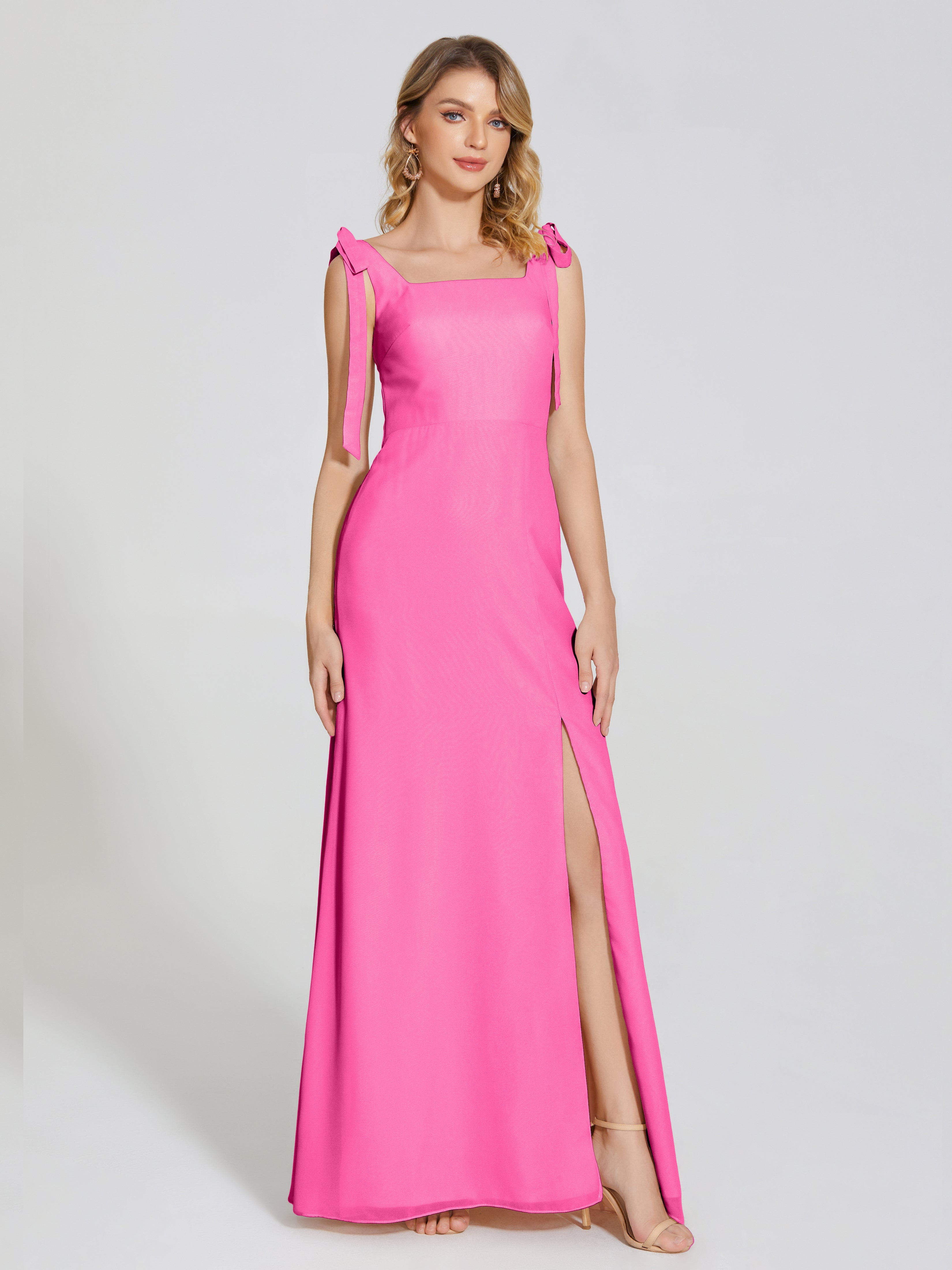 Robe Demoiselle D Honneur En Azalée Fendue Devant Encolure Carrée Mousseline Robe De Demoiselle D'Honneur