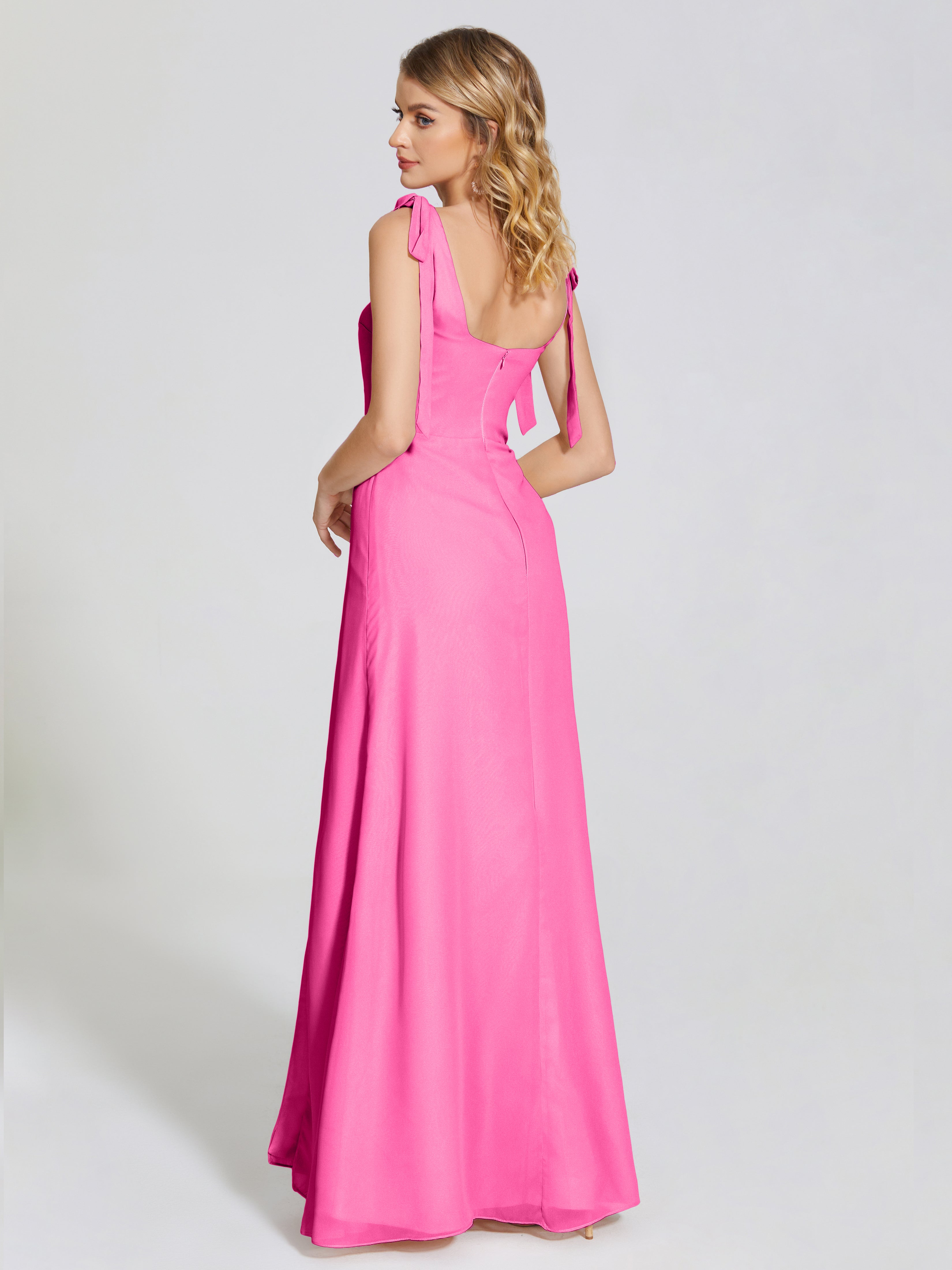 Robe Demoiselle D Honneur En Azalée Fendue Devant Encolure Carrée Mousseline Robe De Demoiselle D'Honneur