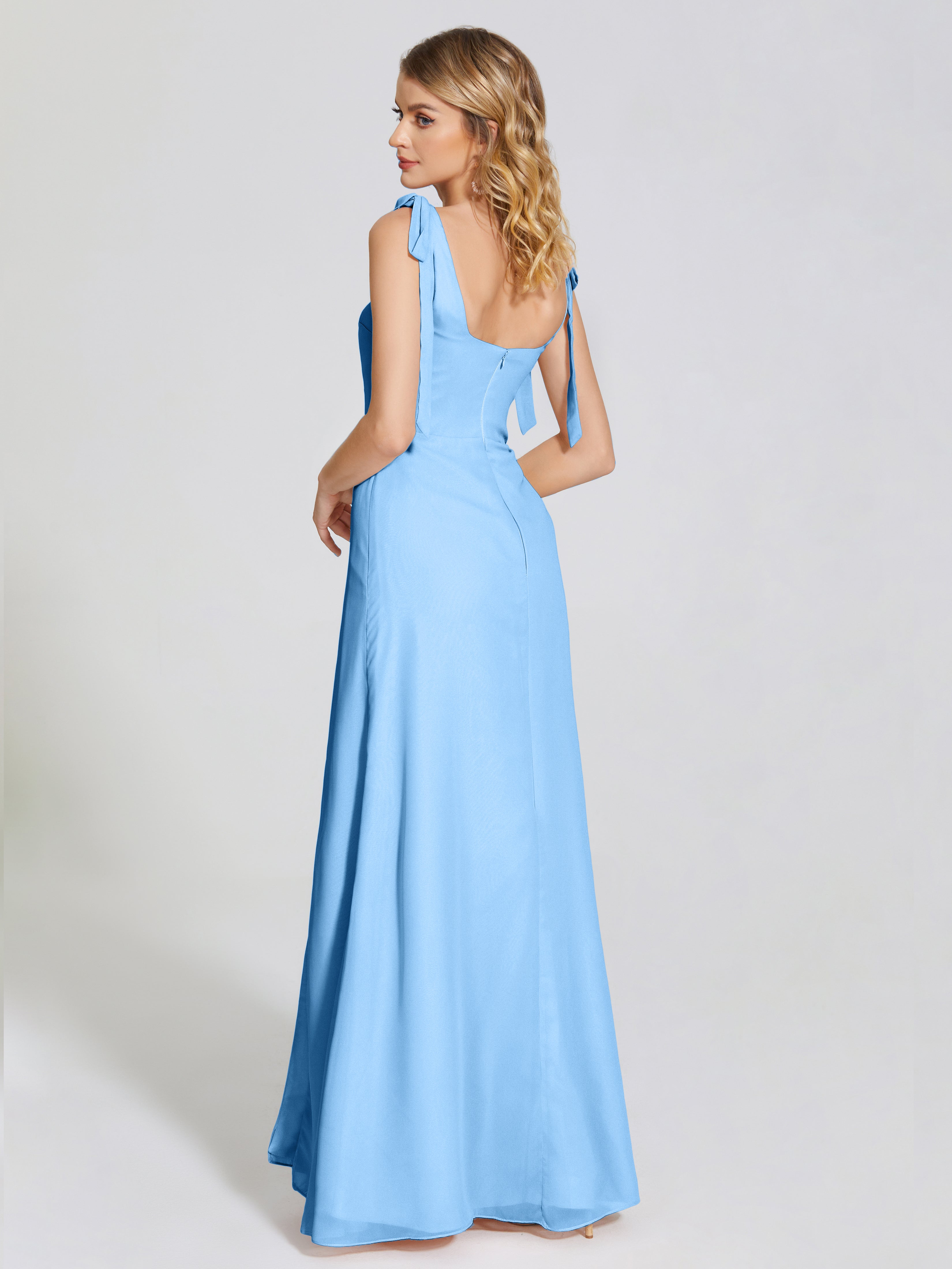 Robe Bleu Demoiselle D Honneur Fendue Devant Encolure Carrée Mousseline Robe De Demoiselle D'Honneur