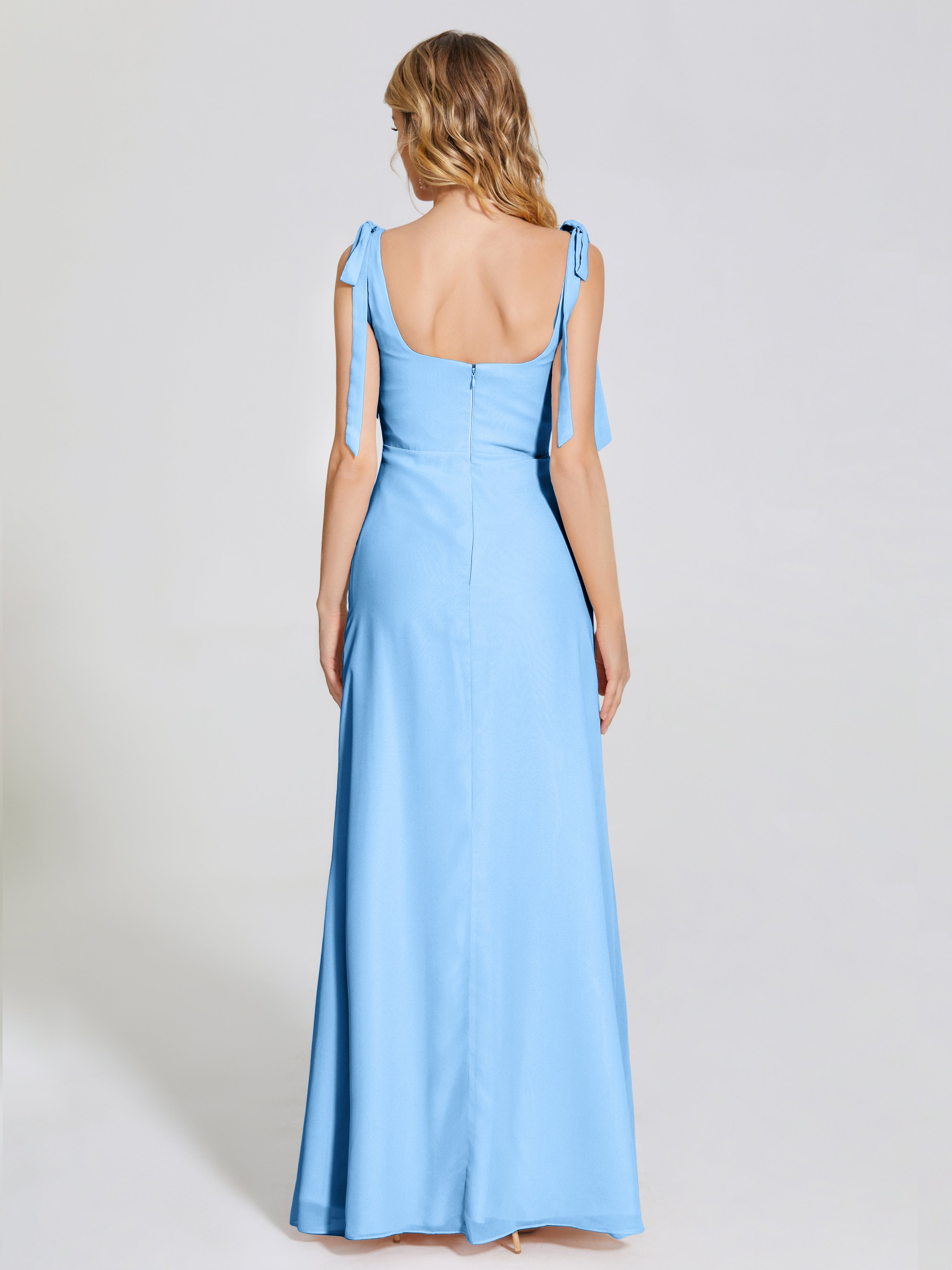 Robe Bleu Demoiselle D Honneur Fendue Devant Encolure Carrée Mousseline Robe De Demoiselle D'Honneur