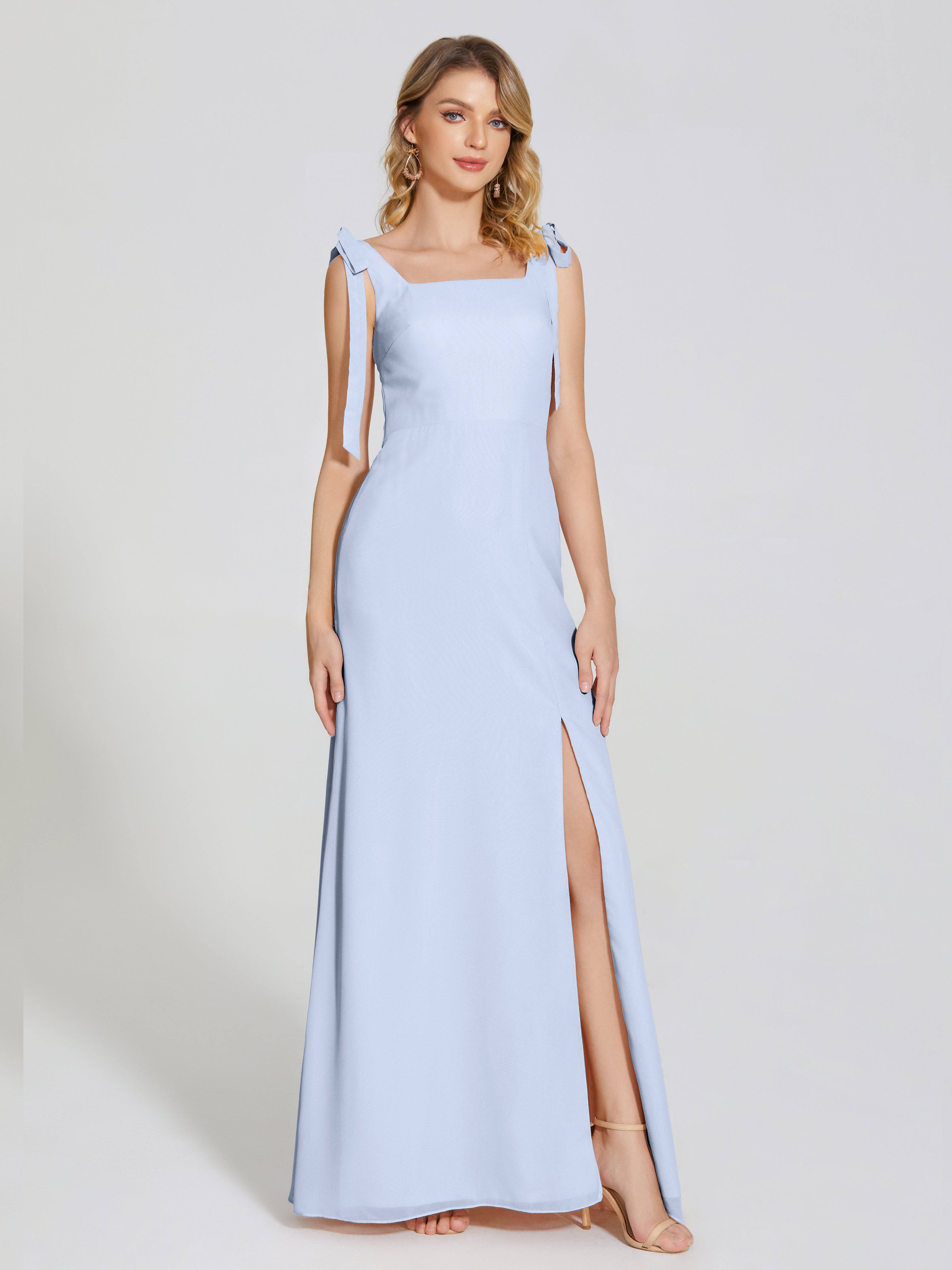 Robe Demoiselle D Honneur Bleu Ciel Fendue Devant Encolure Carrée Mousseline Robe De Demoiselle D'Honneur