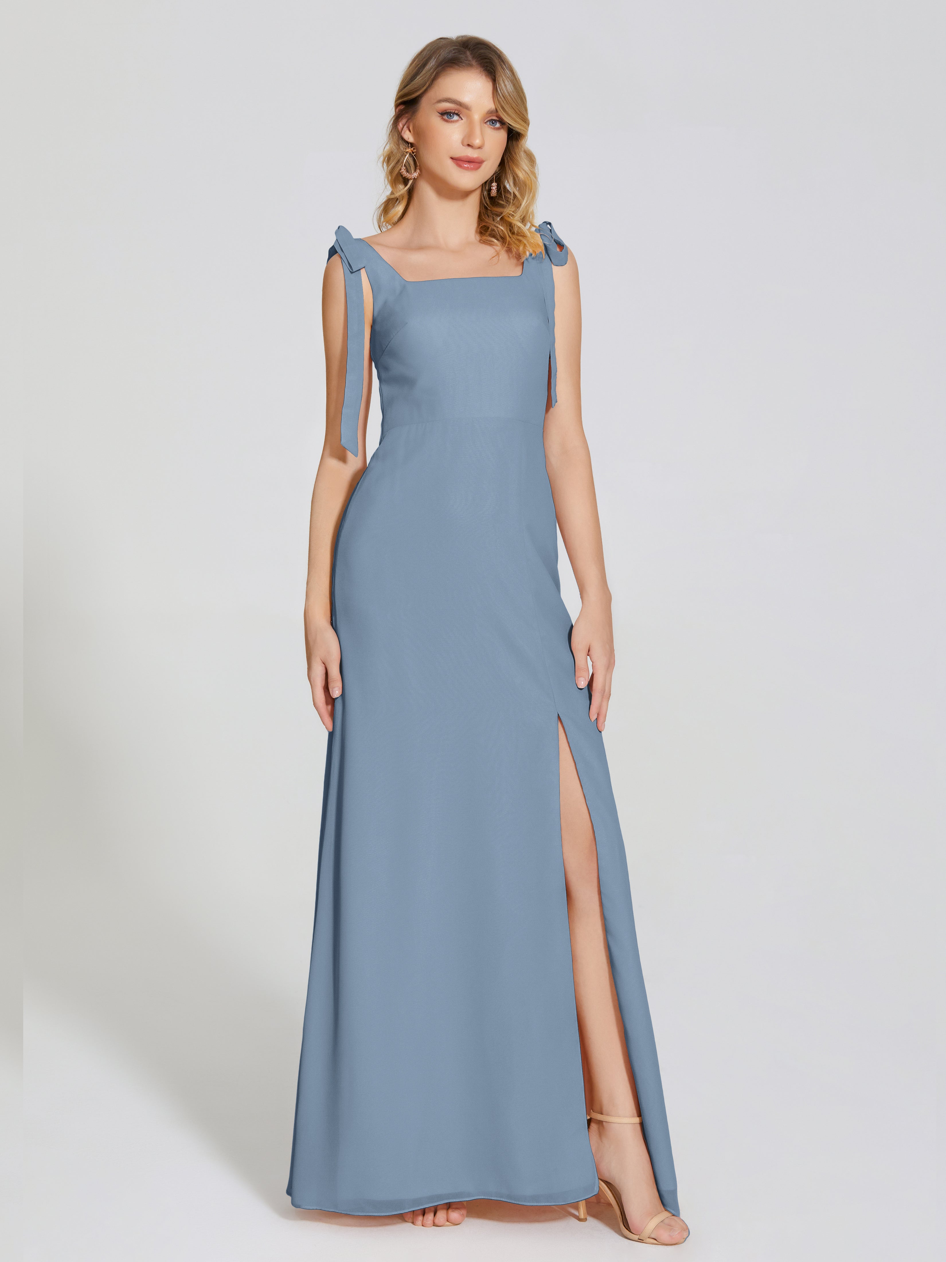 Robes De Demoiselle D'Honneur Bleu De Schiste Fendue Devant Encolure Carrée Mousseline Robe De Demoiselle D'Honneur