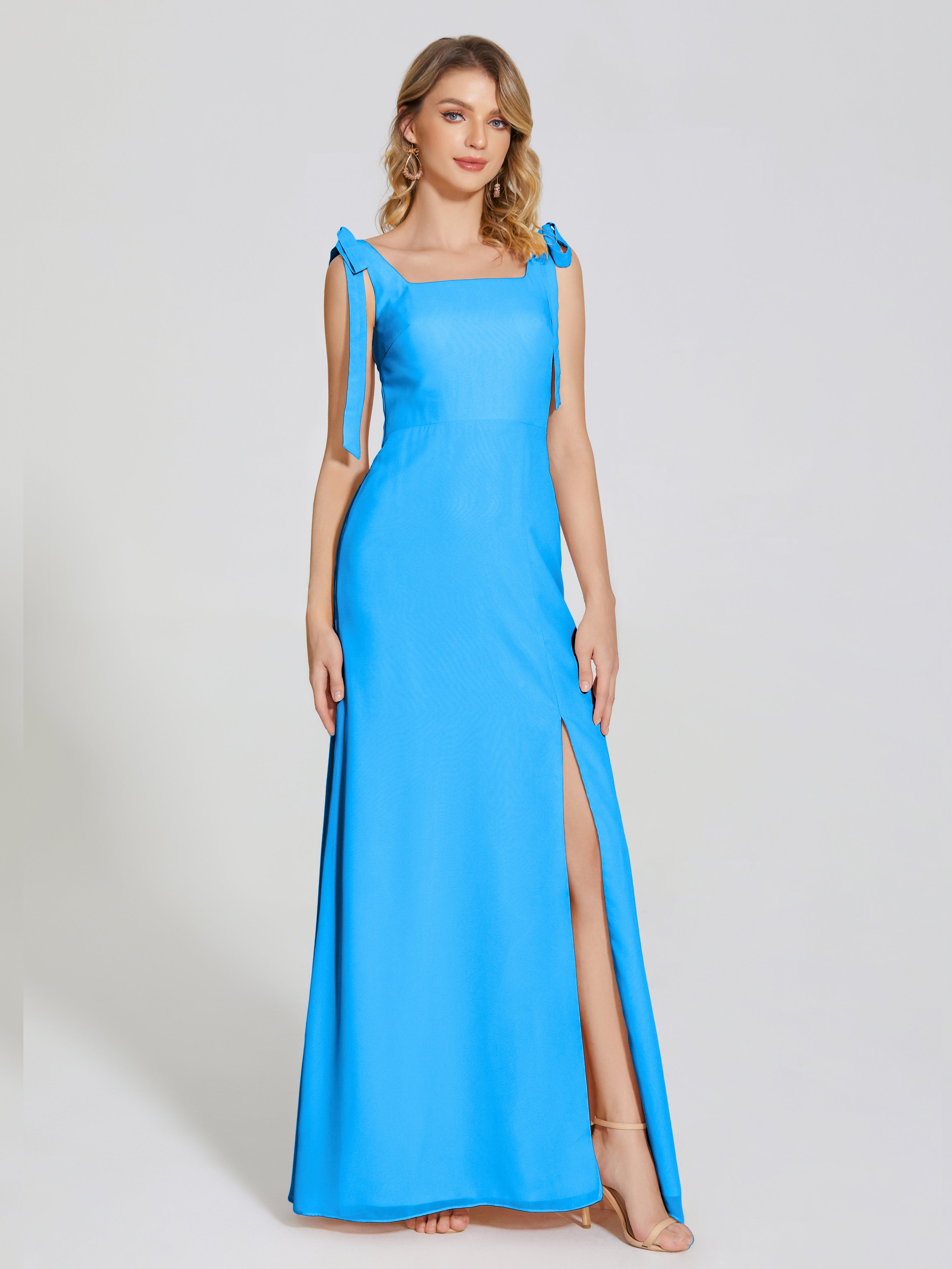 Robes De Demoiselle D'Honneur Bleu Océan Fendue Devant Encolure Carrée Mousseline Robe De Demoiselle D'Honneur