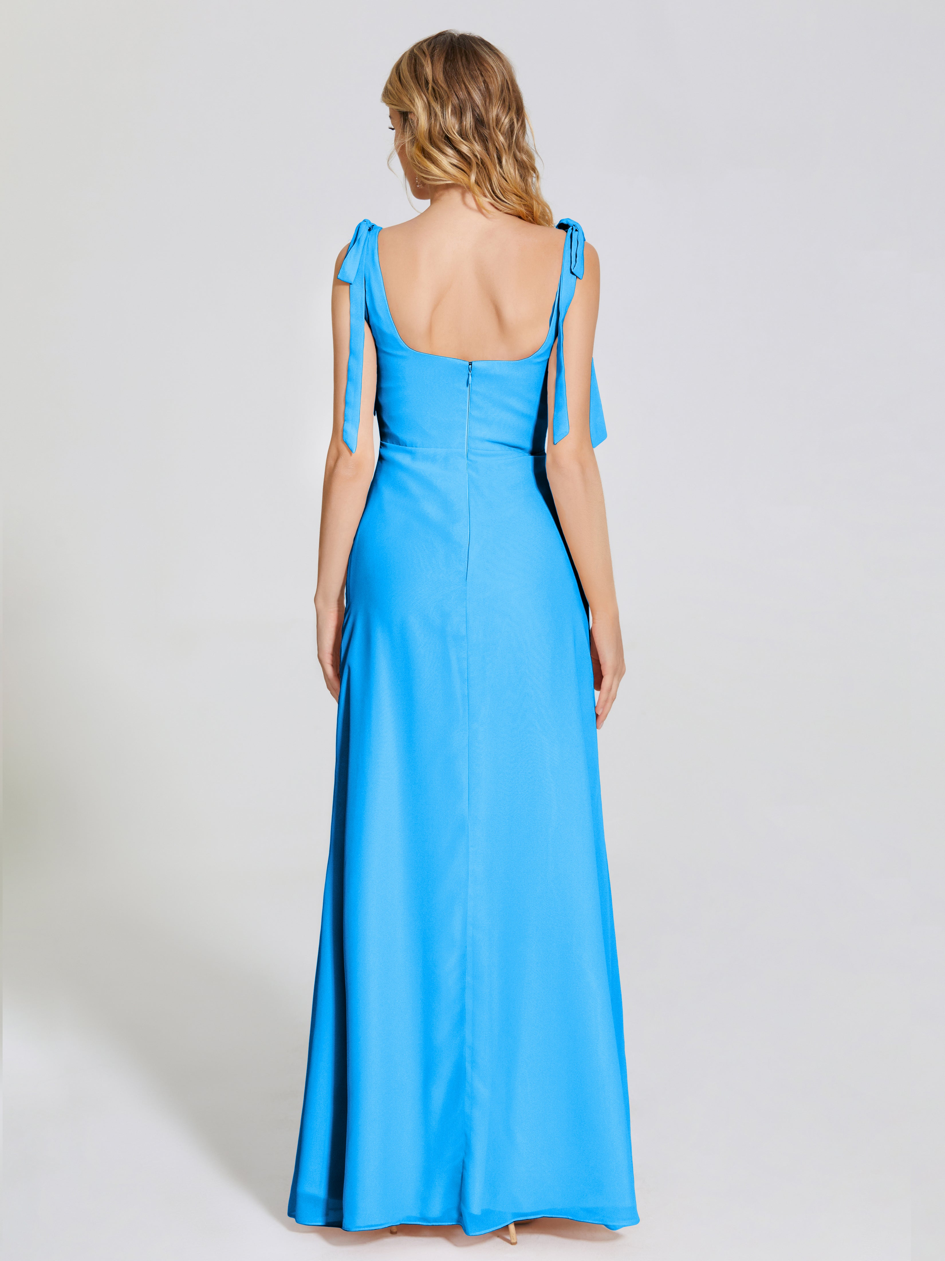 Robes De Demoiselle D'Honneur Bleu Océan Fendue Devant Encolure Carrée Mousseline Robe De Demoiselle D'Honneur