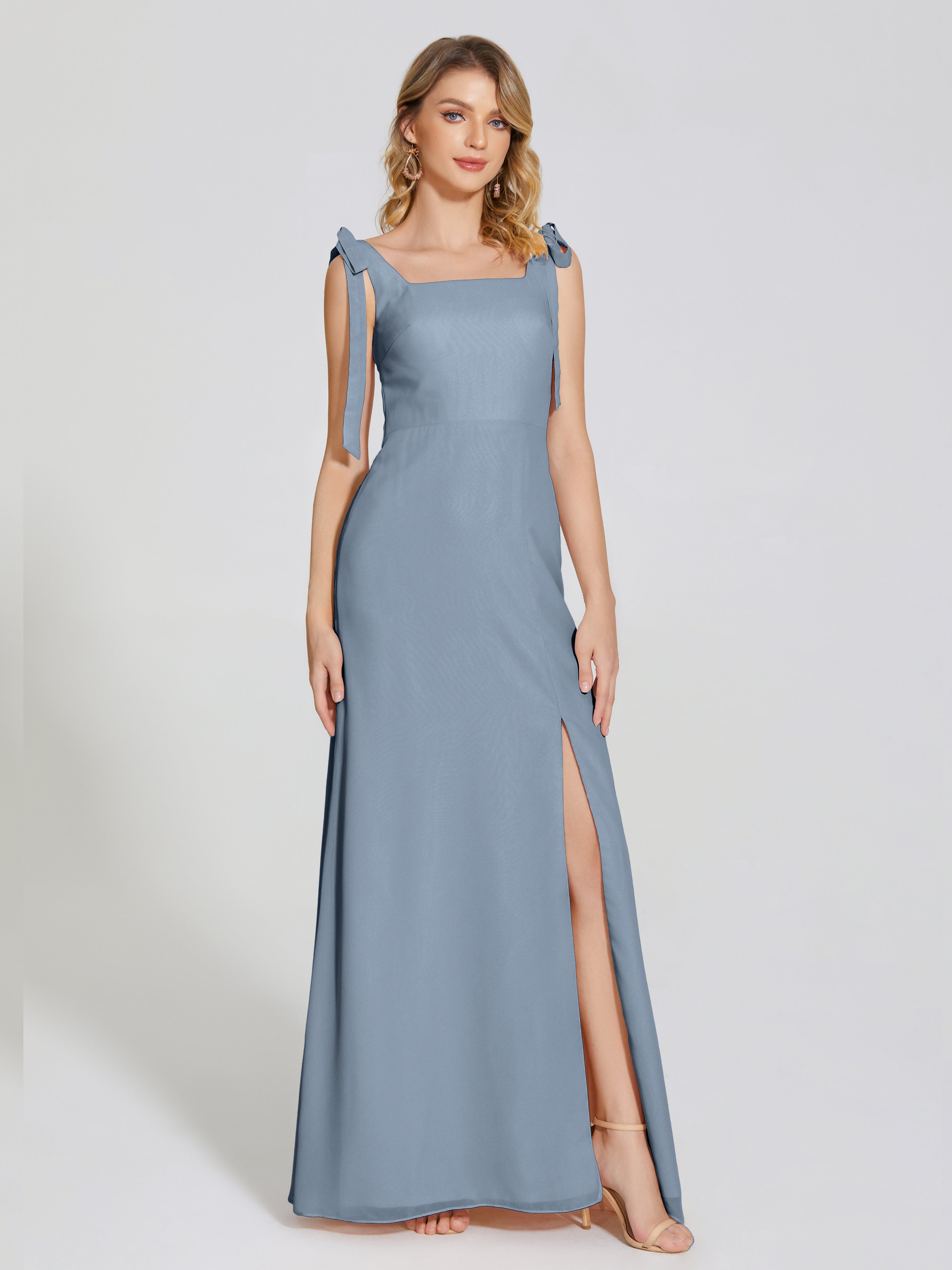 Robes De Demoiselle D'Honneur Bleu Gris Fendue Devant Encolure Carrée Mousseline Robe De Demoiselle D'Honneur