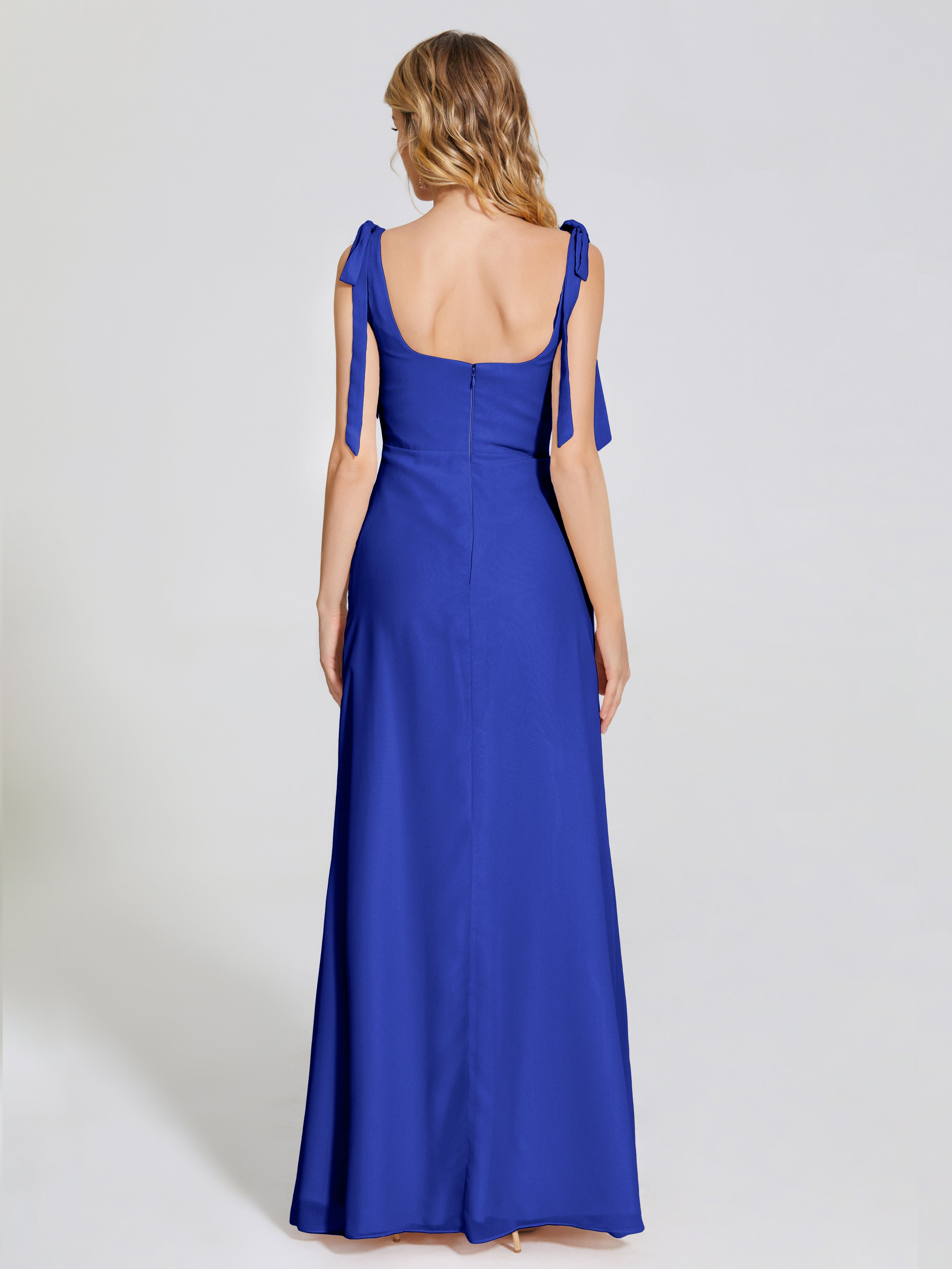 Mariage Robe Demoiselle D Honneur Bleu Roi Fendue Devant Encolure Carrée Mousseline Robe De Demoiselle D'Honneur