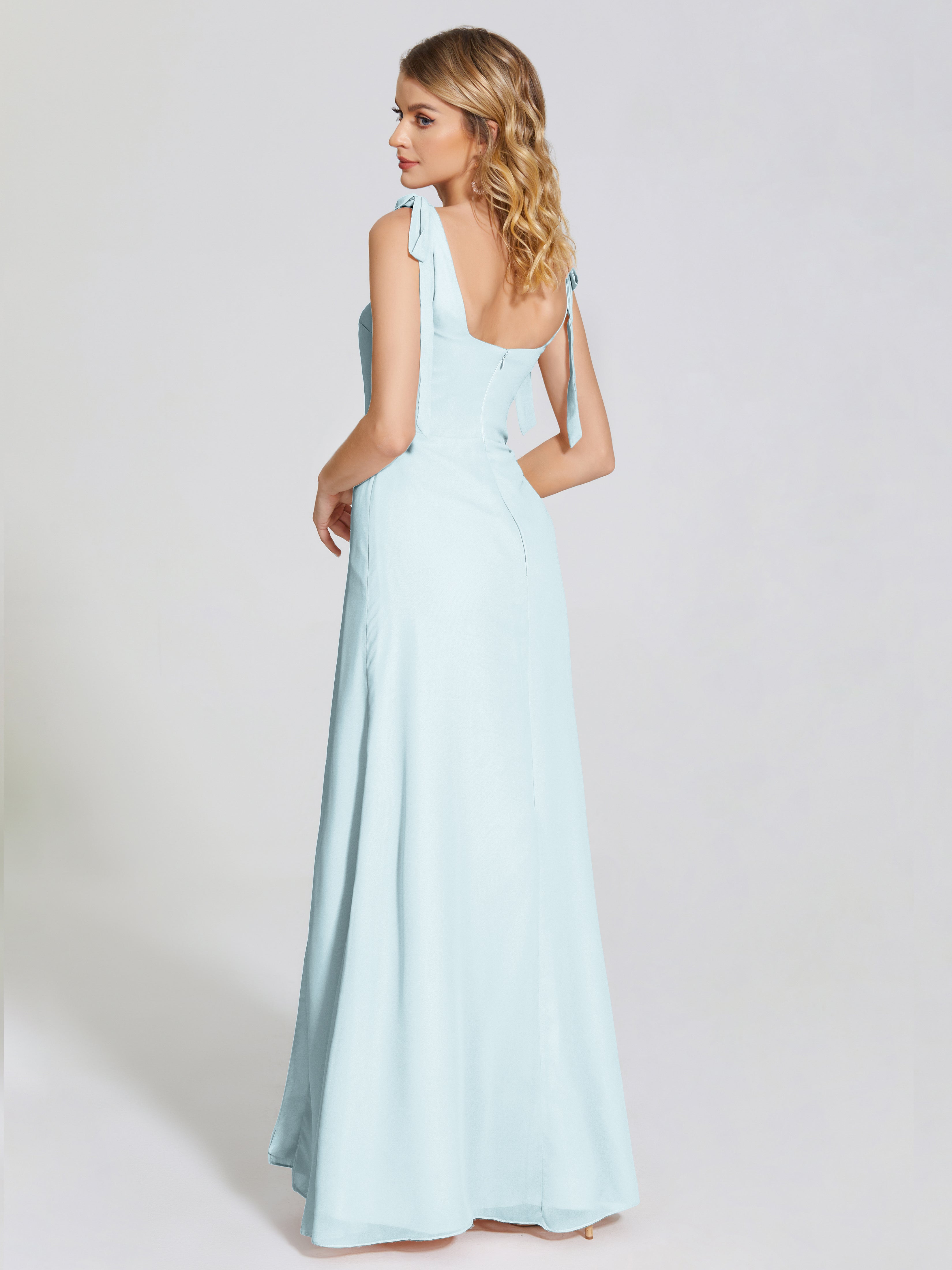 Robe De Demoiselle D'Honneur Brume Fendue Devant Encolure Carrée Mousseline Robe De Demoiselle D'Honneur