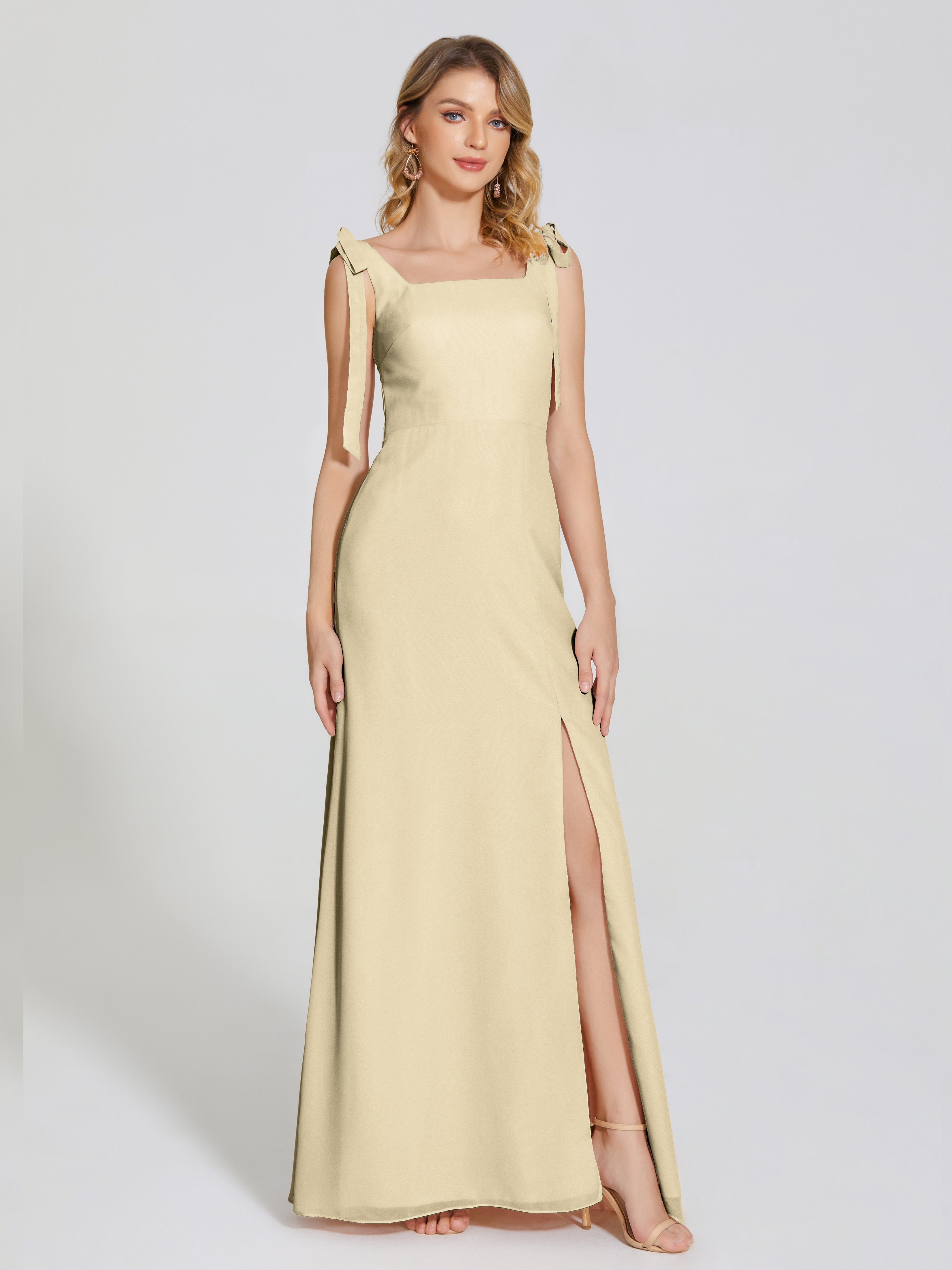 Robe Champagne Demoiselle D Honneur Fendue Devant Encolure Carrée Mousseline Robe De Demoiselle D'Honneur