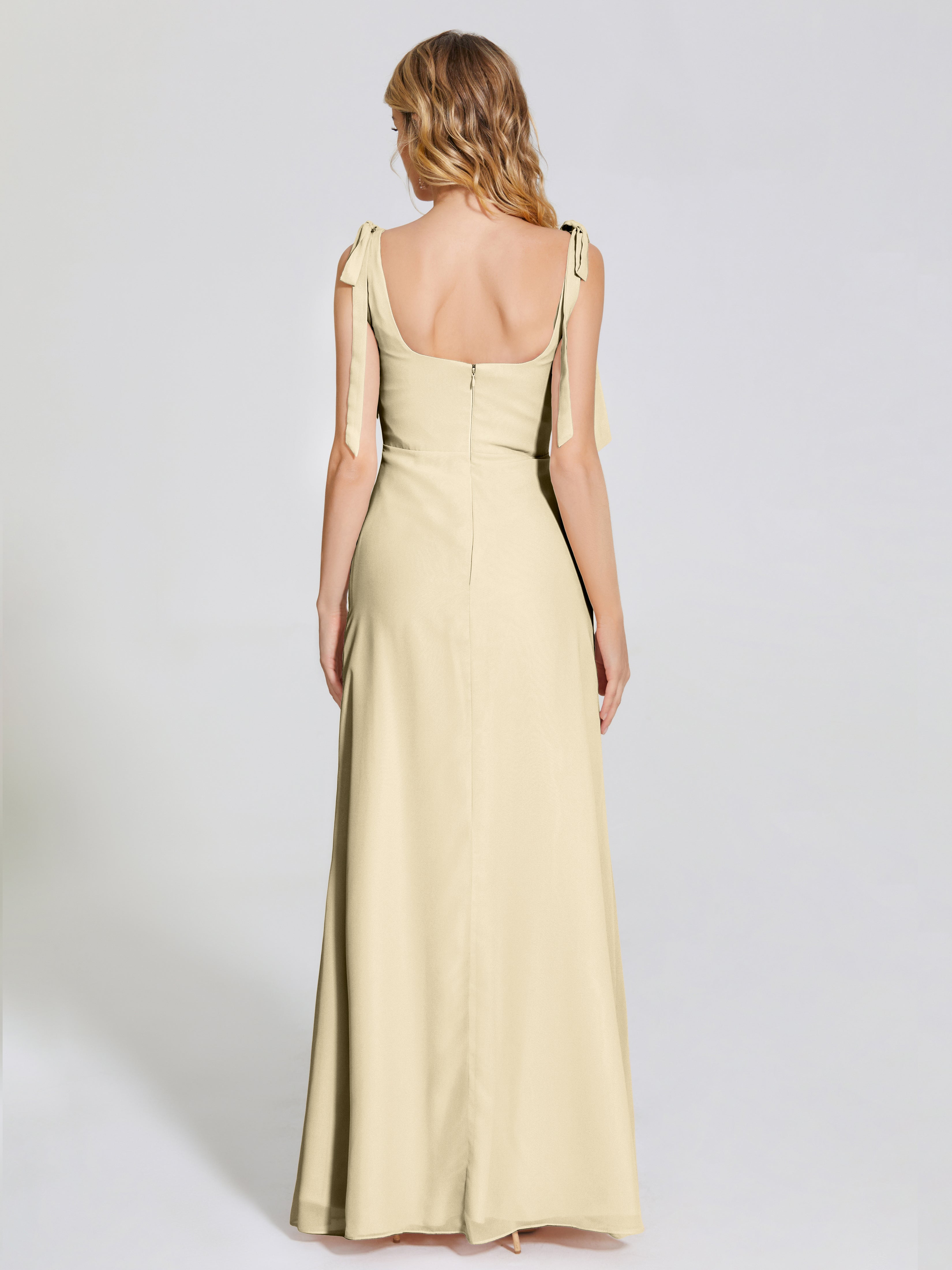 Robe Champagne Demoiselle D Honneur Fendue Devant Encolure Carrée Mousseline Robe De Demoiselle D'Honneur