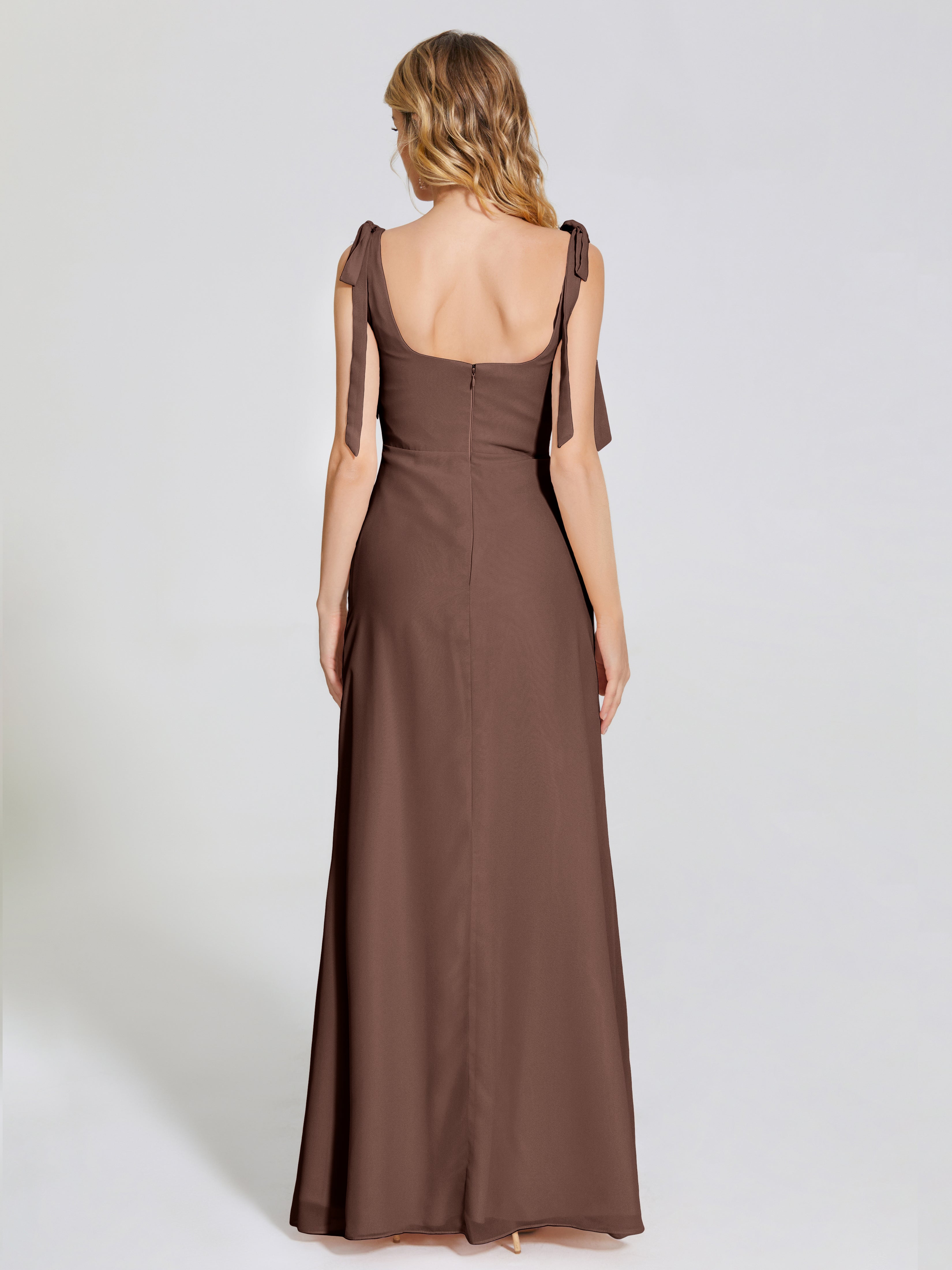 Robe De Demoiselle D Honneur Chocolat Fendue Devant Encolure Carrée Mousseline Robe De Demoiselle D'Honneur