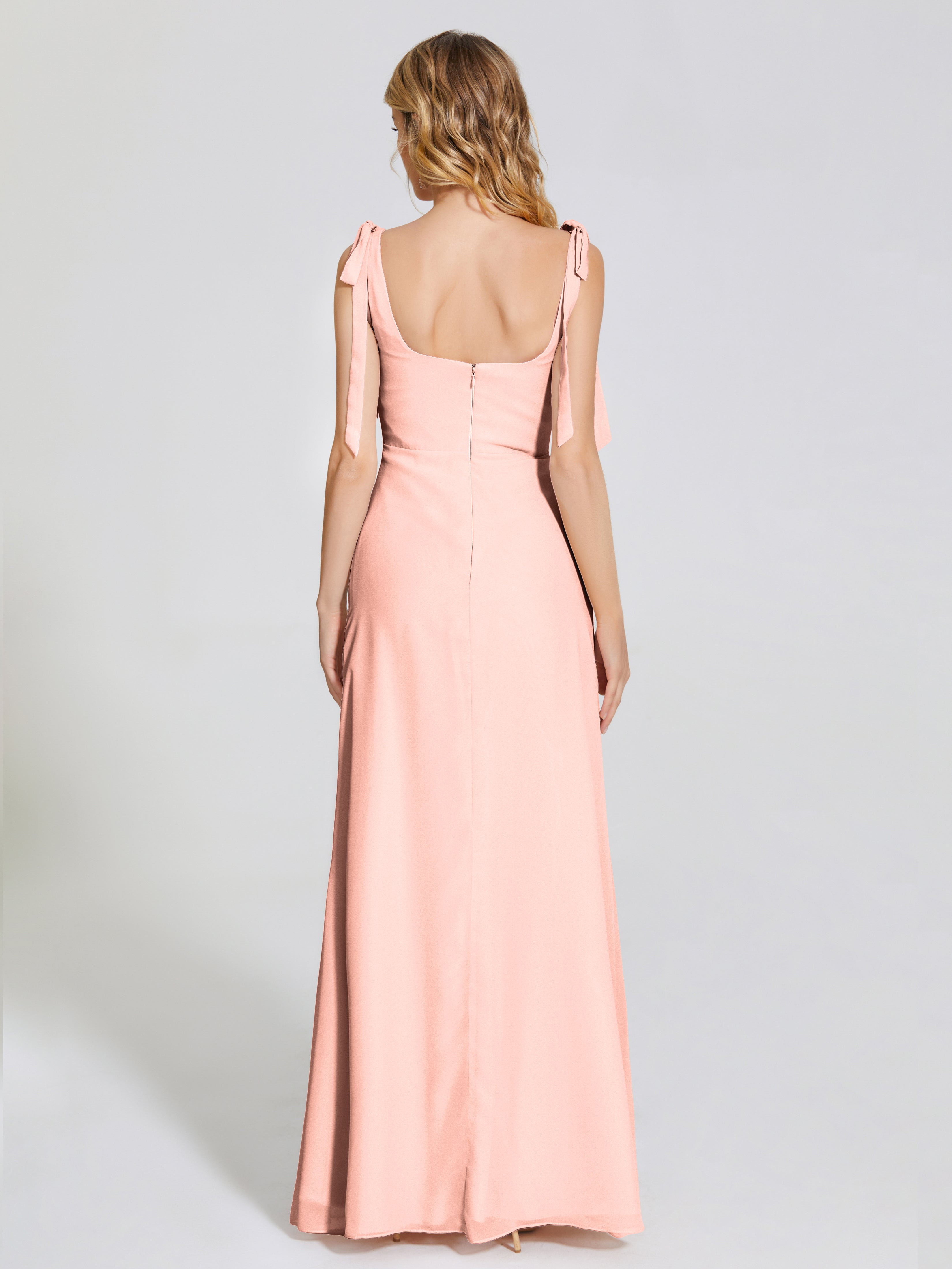 Robes Demoiselles D Honneur Corail Fendue Devant Encolure Carrée Mousseline Robe De Demoiselle D'Honneur