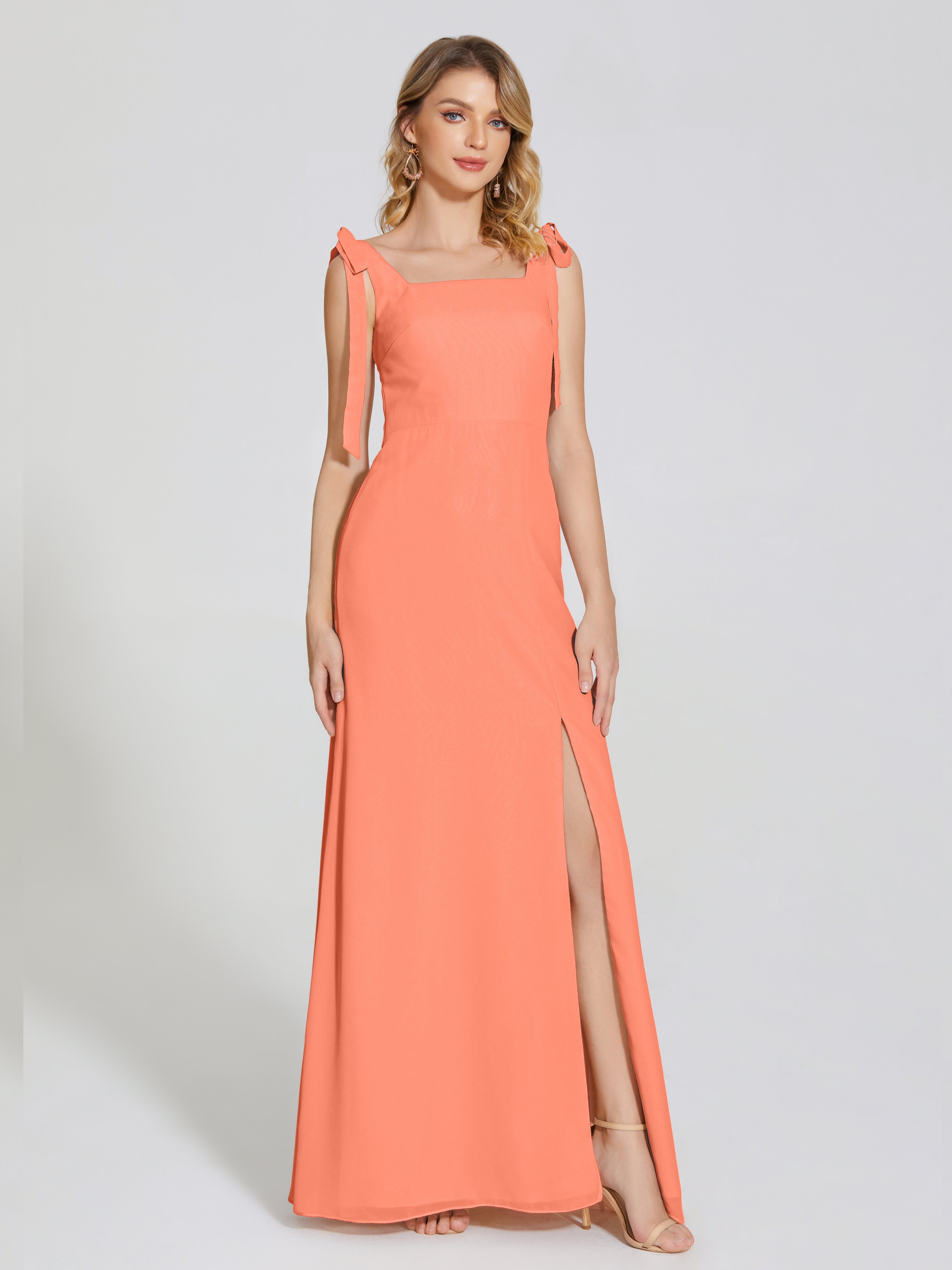 Robes De Demoiselle D'Honneur Coucher De Soleil Fendue Devant Encolure Carrée Mousseline Robe De Demoiselle D'Honneur