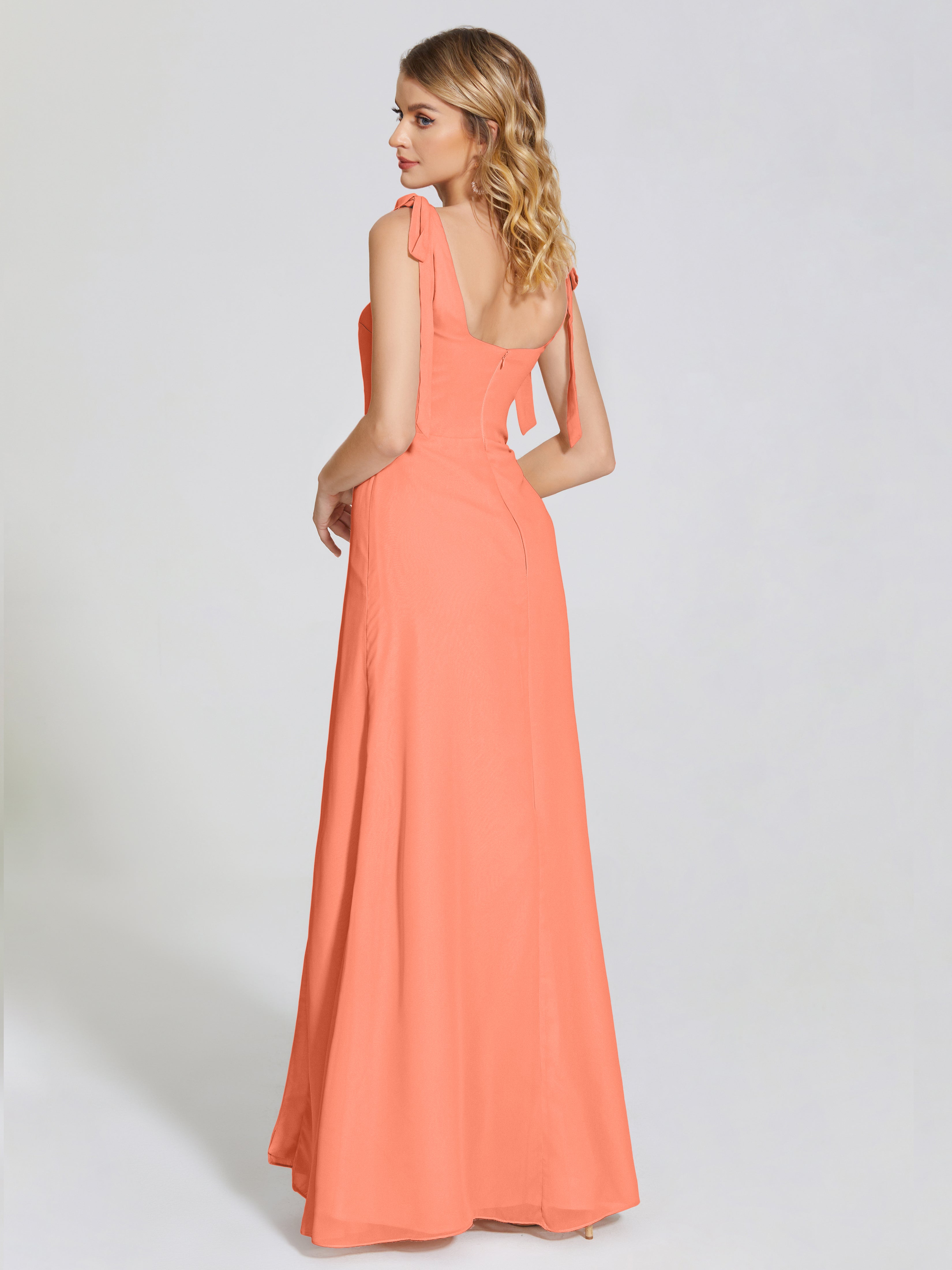 Robes De Demoiselle D'Honneur Coucher De Soleil Fendue Devant Encolure Carrée Mousseline Robe De Demoiselle D'Honneur