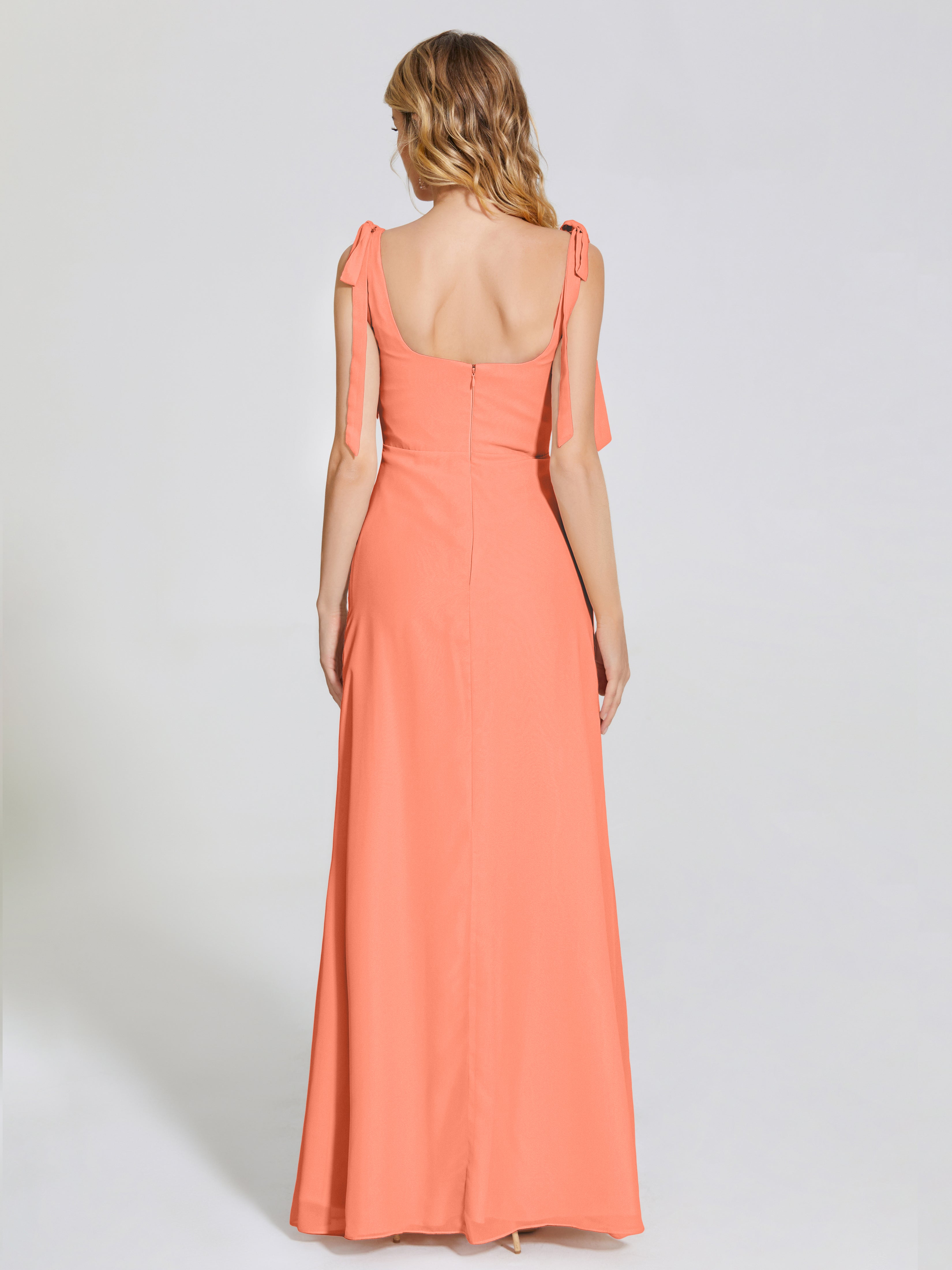 Robes De Demoiselle D'Honneur Coucher De Soleil Fendue Devant Encolure Carrée Mousseline Robe De Demoiselle D'Honneur