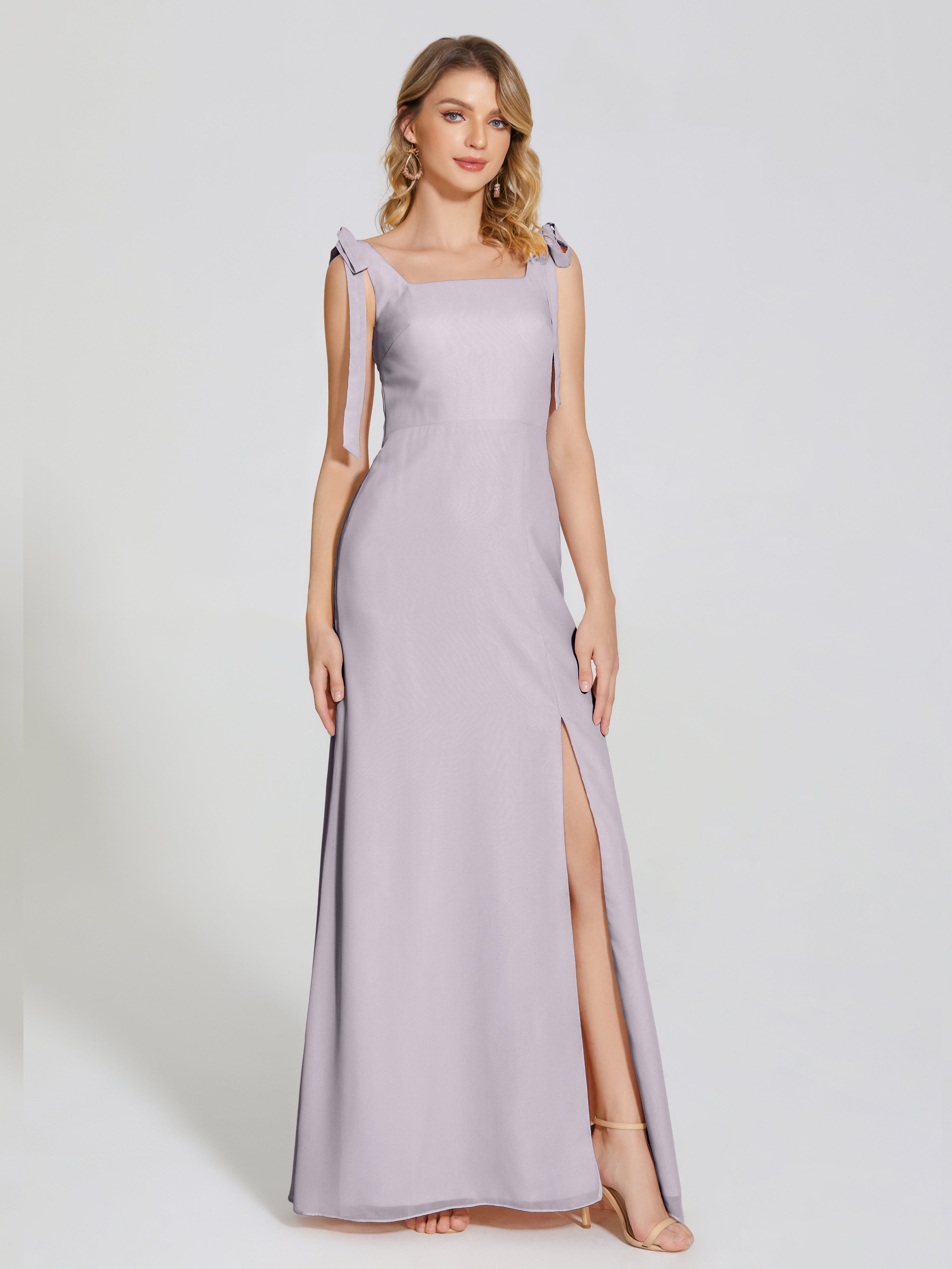 Robes De Demoiselle D'Honneur Couleur Crépuscule Fendue Devant Encolure Carrée Mousseline Robe De Demoiselle D'Honneur