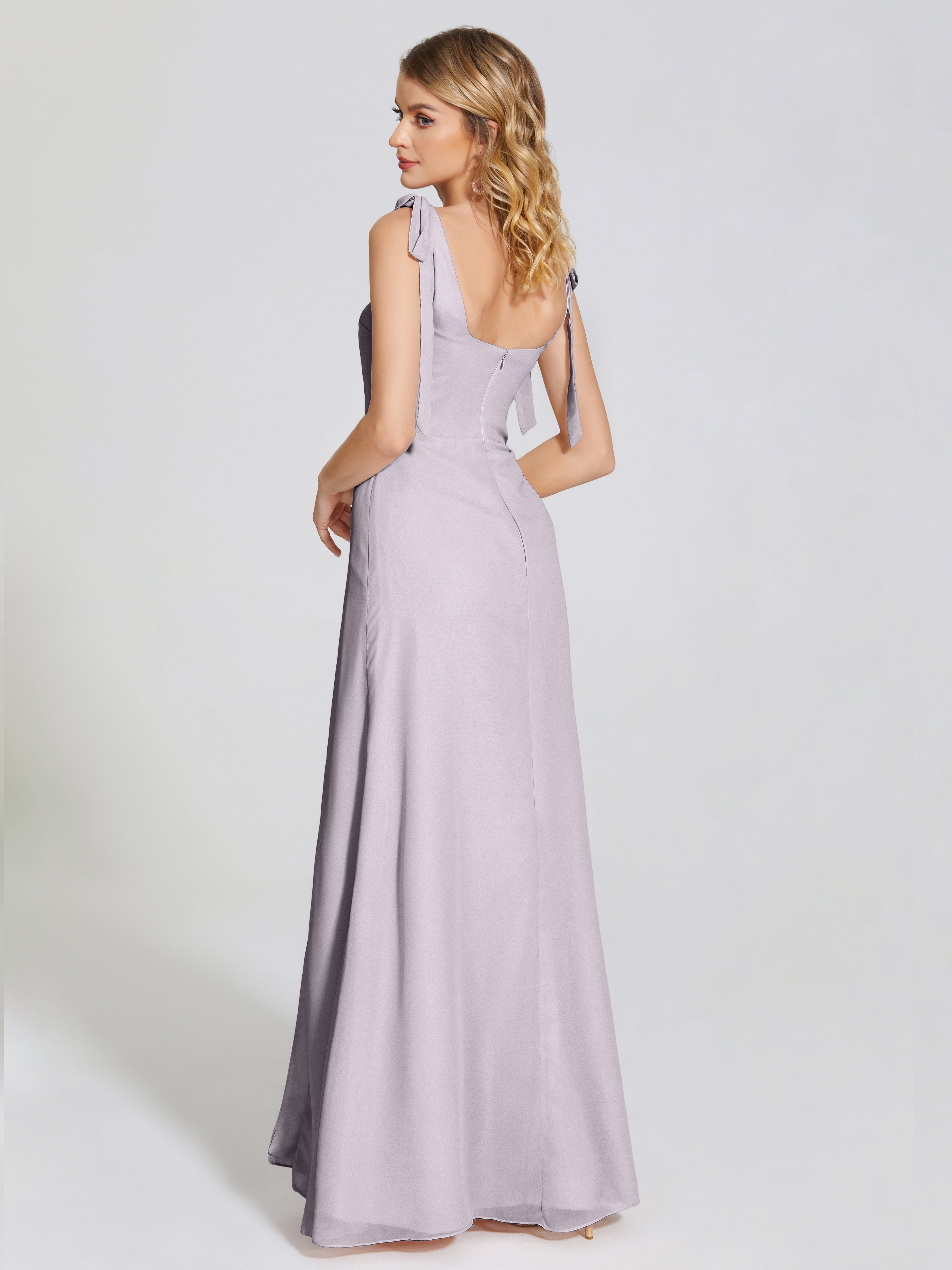 Robes De Demoiselle D'Honneur Couleur Crépuscule Fendue Devant Encolure Carrée Mousseline Robe De Demoiselle D'Honneur