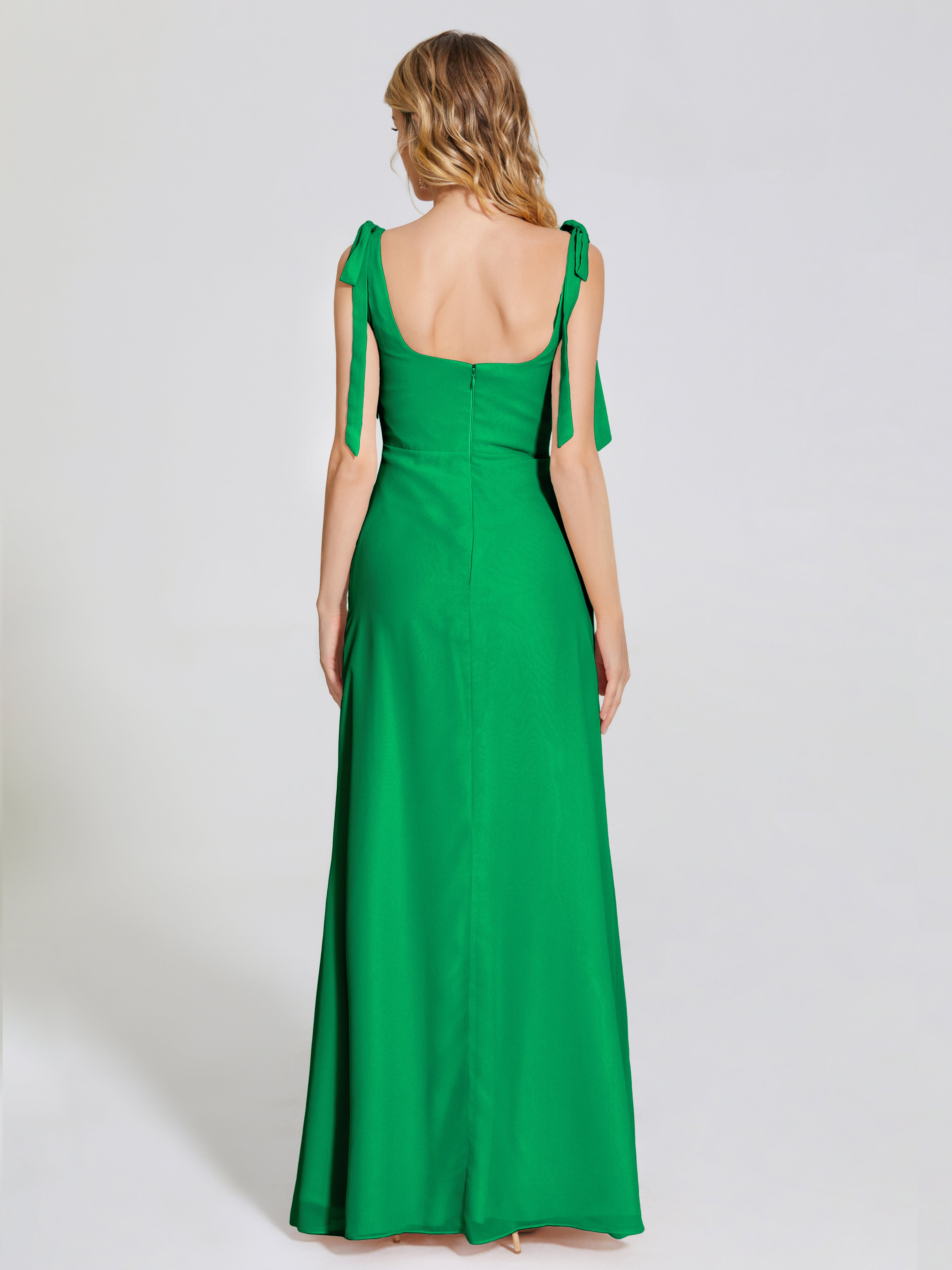 Bridal Robe Demoiselle D Honneur Vert Emeraude Fendue Devant Encolure Carrée Mousseline Robe De Demoiselle D'Honneur