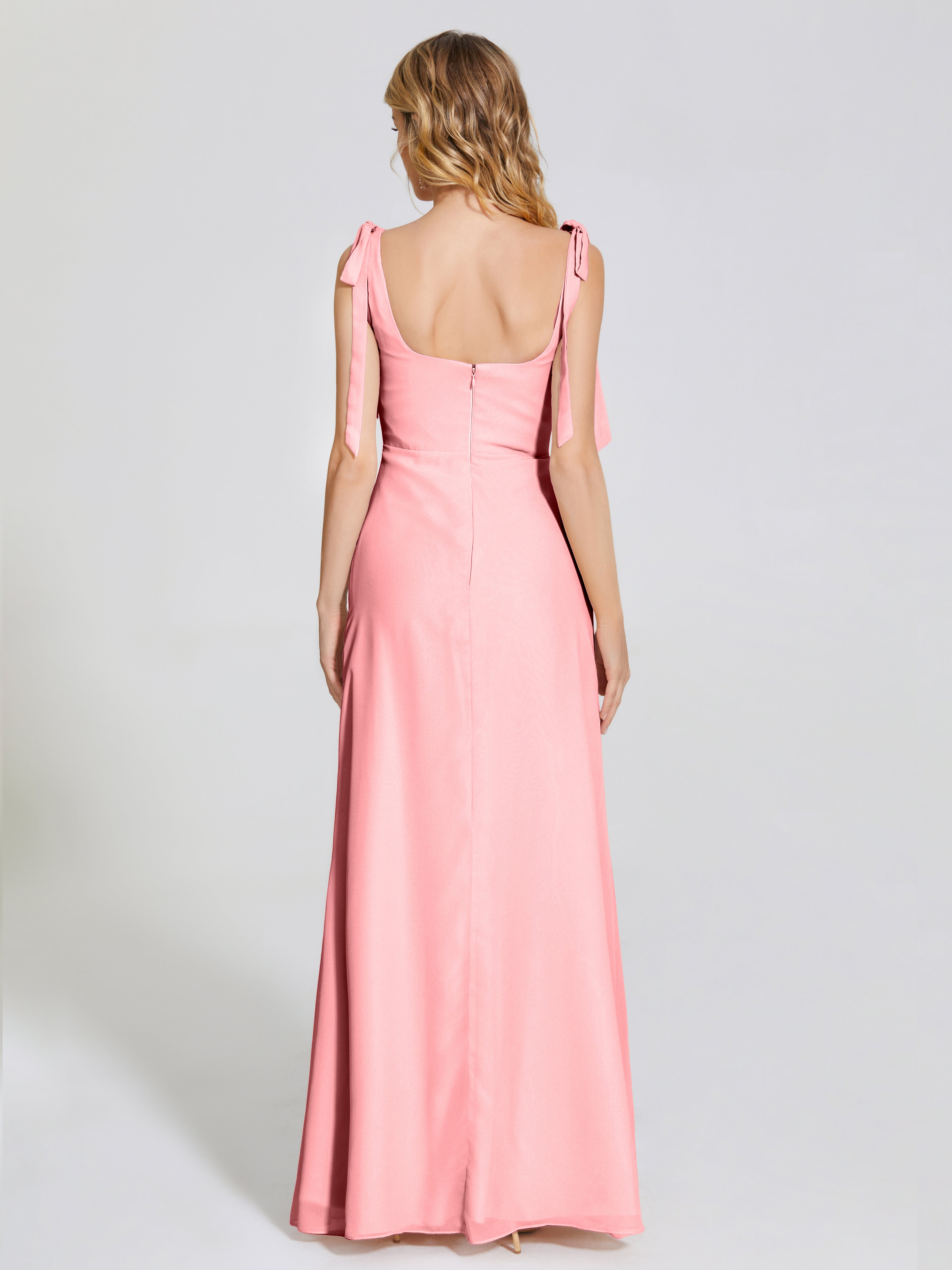 Robes De Demoiselle D'Honneur En Flamant Fendue Devant Encolure Carrée Mousseline Robe De Demoiselle D'Honneur