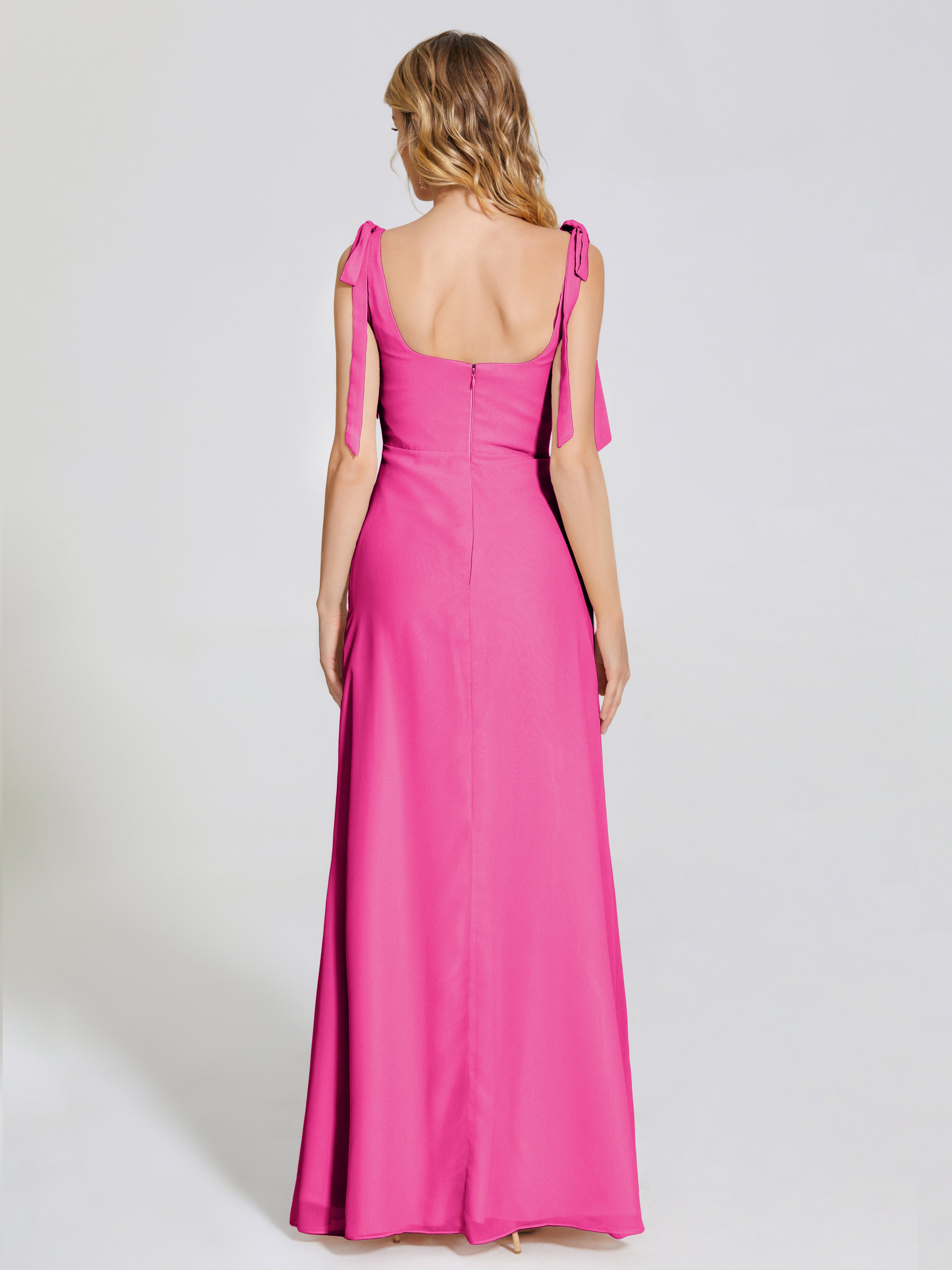 Robes De Demoiselle D'Honneur Rose Fuchsia Couleur Fendue Devant Encolure Carrée Mousseline Robe De Demoiselle D'Honneur