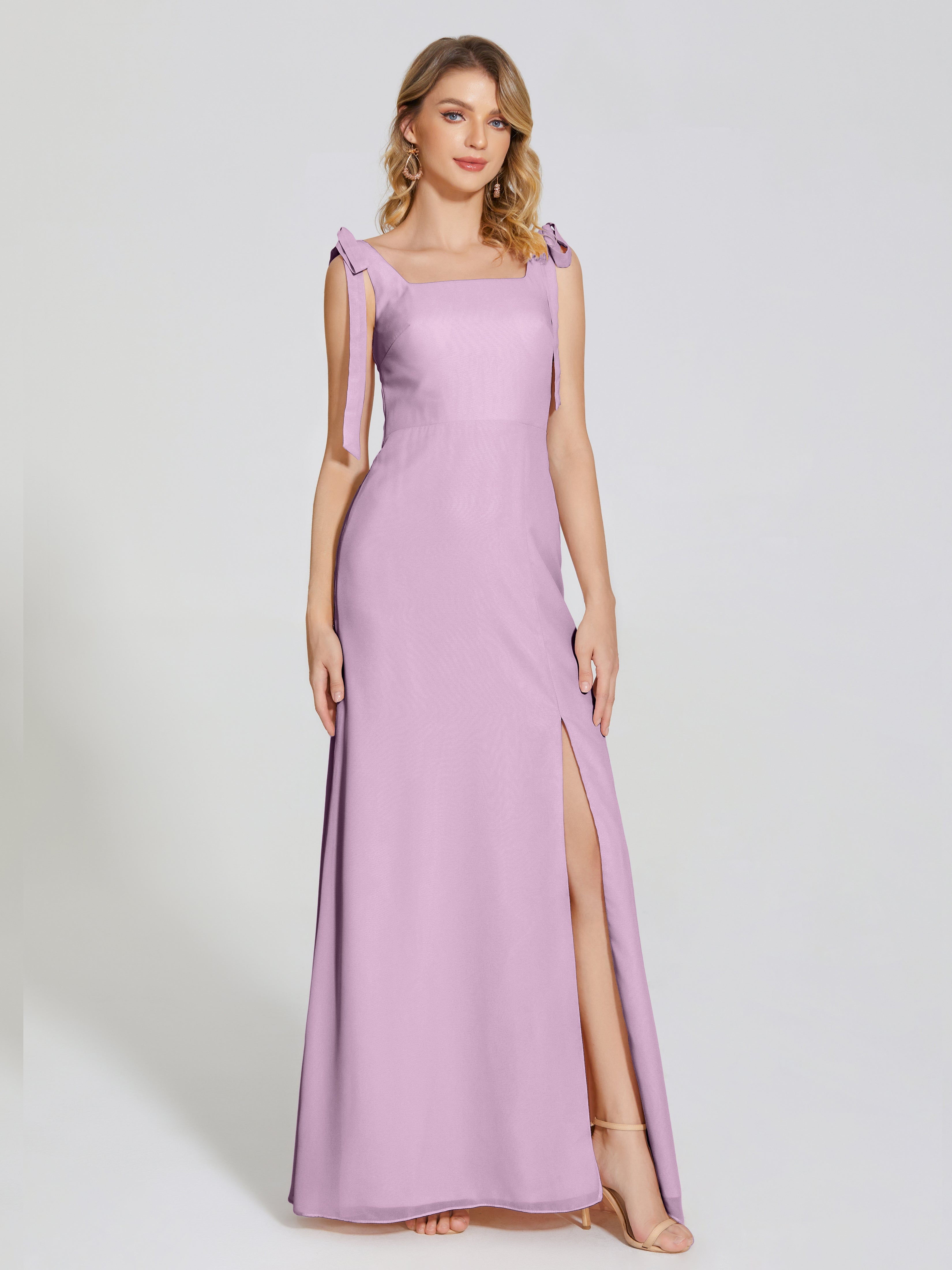 Robes De Demoiselle D'Honneur Glycine Fendue Devant Encolure Carrée Mousseline Robe De Demoiselle D'Honneur