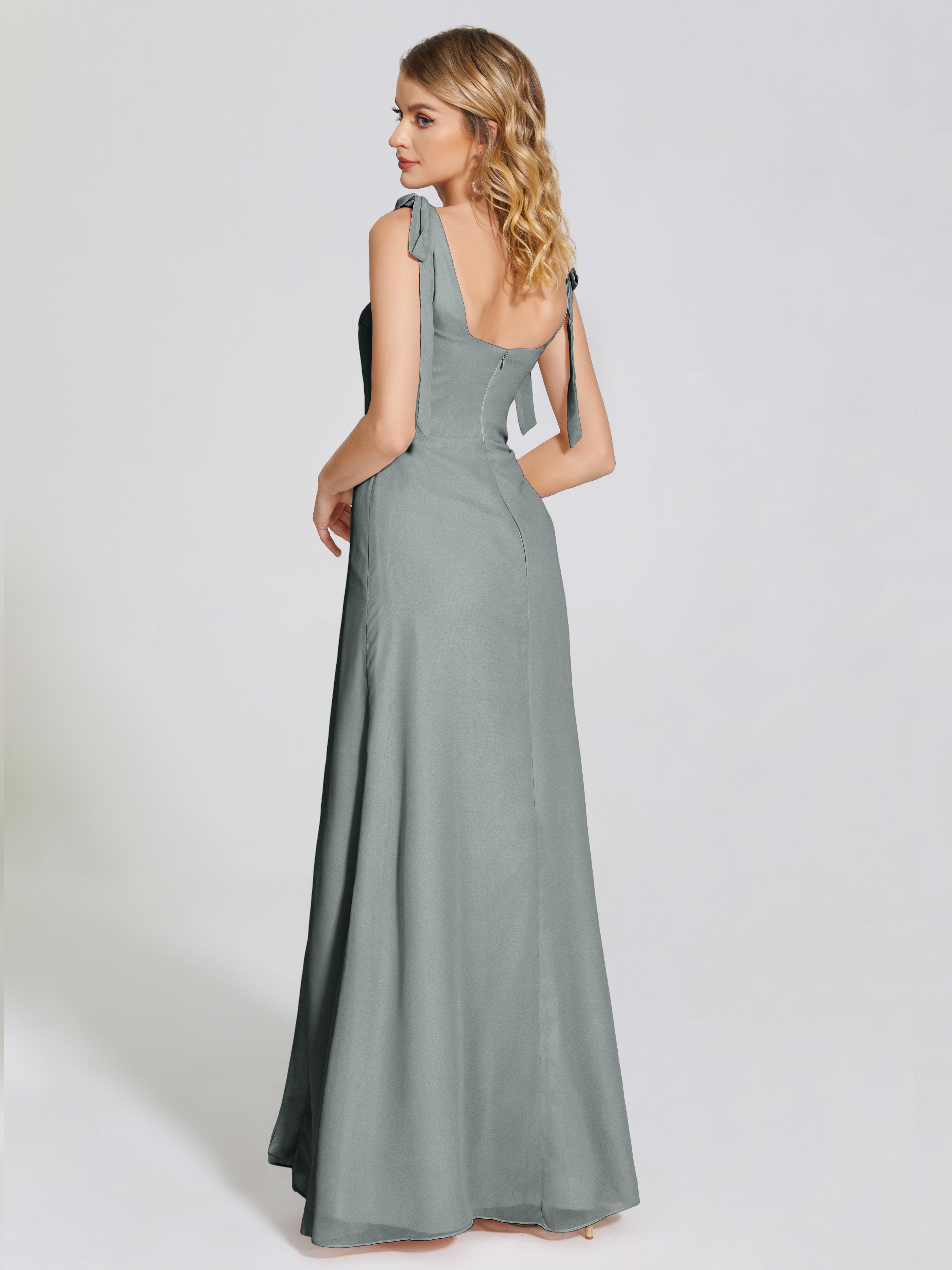 Robe Longue Grise Demoiselle D Honneur Fendue Devant Encolure Carrée Mousseline Robe De Demoiselle D'Honneur