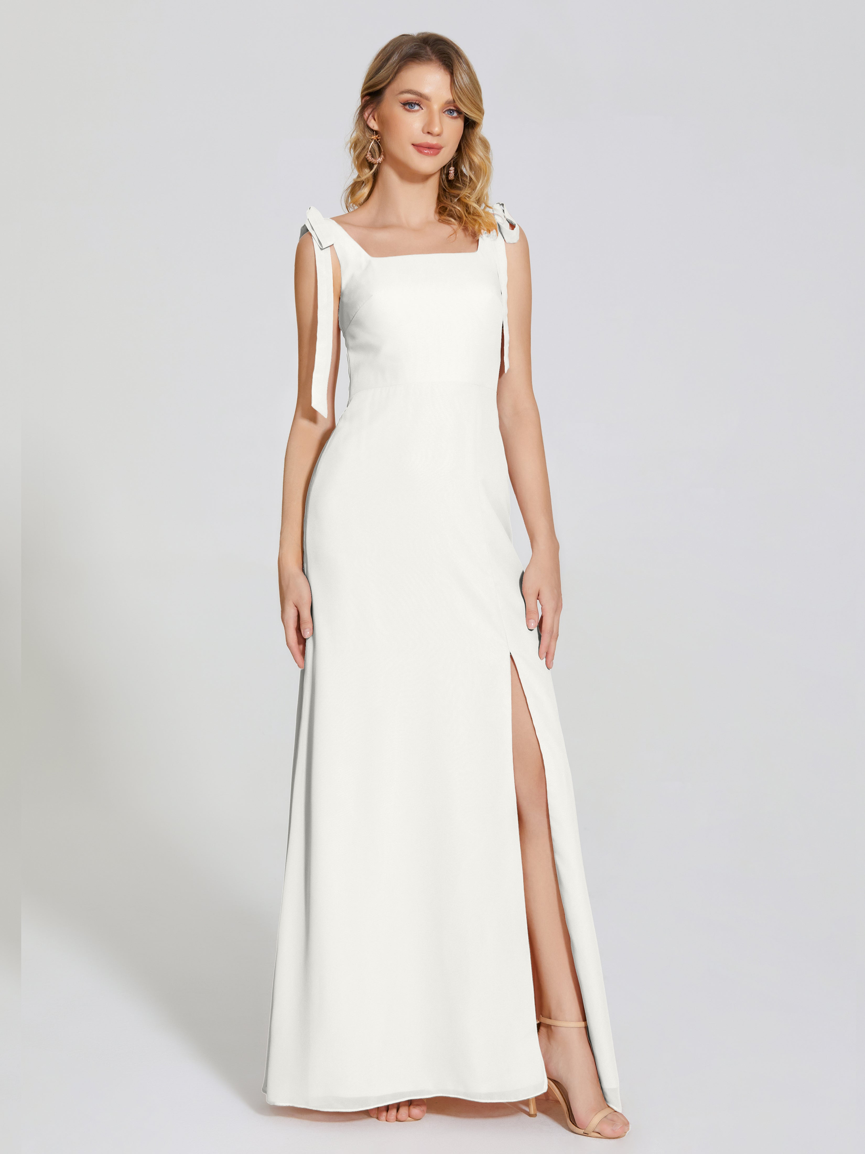 Robe Demoiselle D Honneur Ivoire Fendue Devant Encolure Carrée Mousseline Robe De Demoiselle D'Honneur