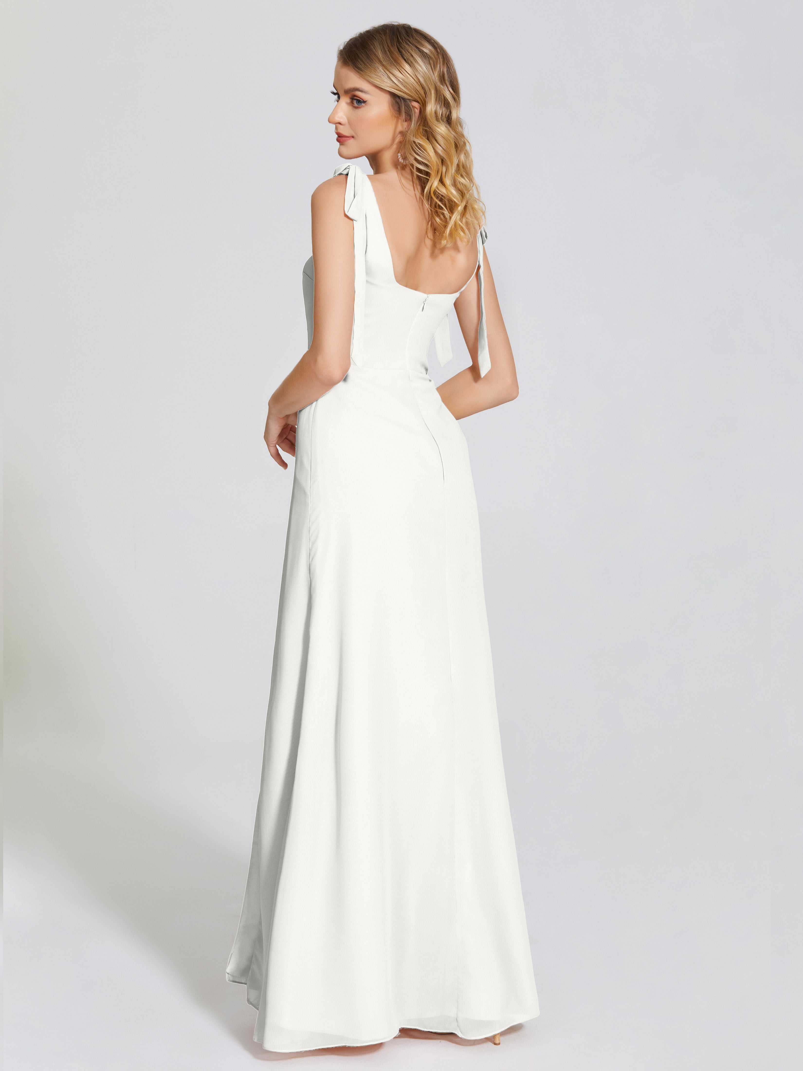 Robe Demoiselle D Honneur Ivoire Fendue Devant Encolure Carrée Mousseline Robe De Demoiselle D'Honneur