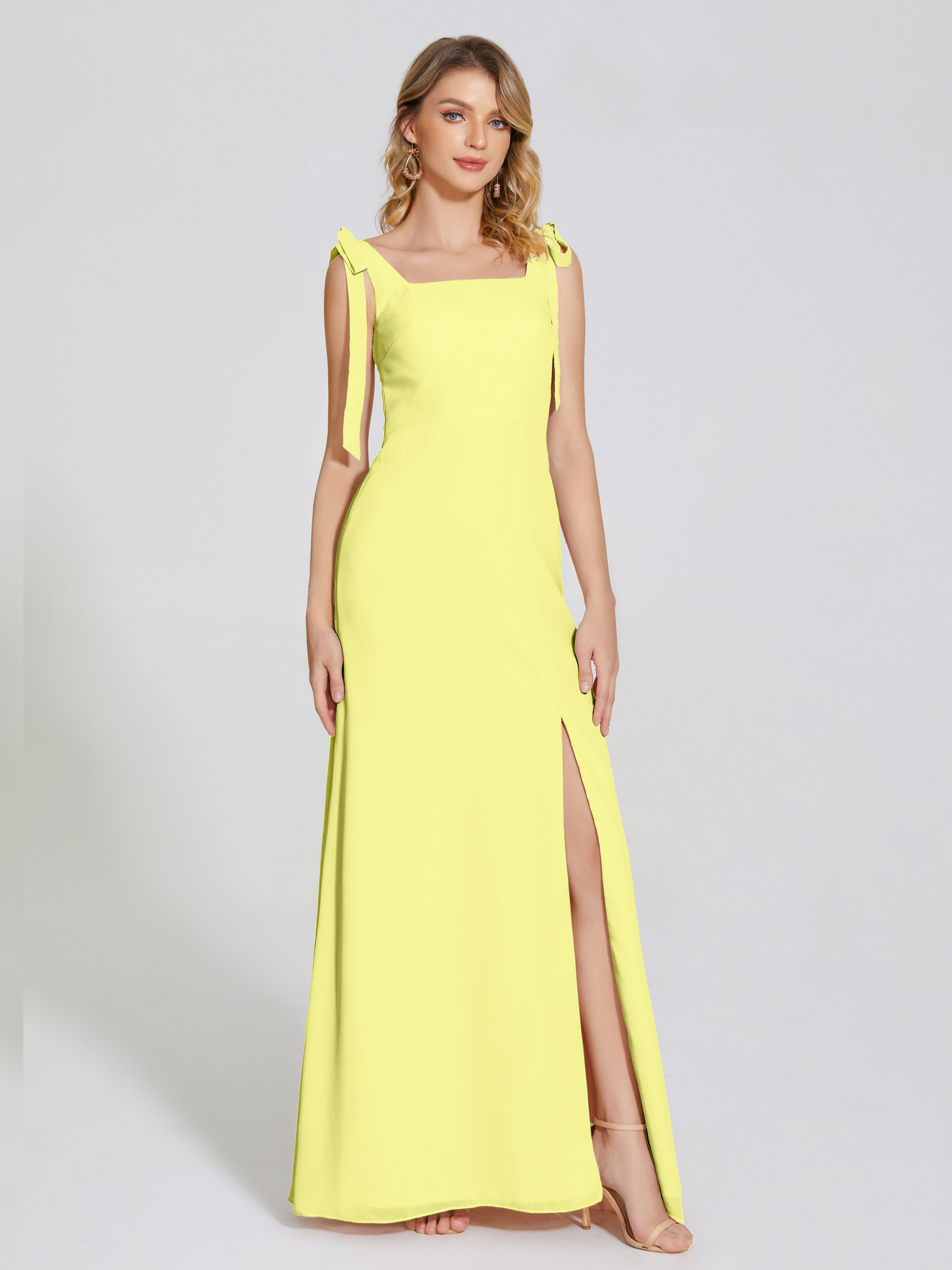 Robes De Demoiselle D'Honneur Jonquille Fendue Devant Encolure Carrée Mousseline Robe De Demoiselle D'Honneur