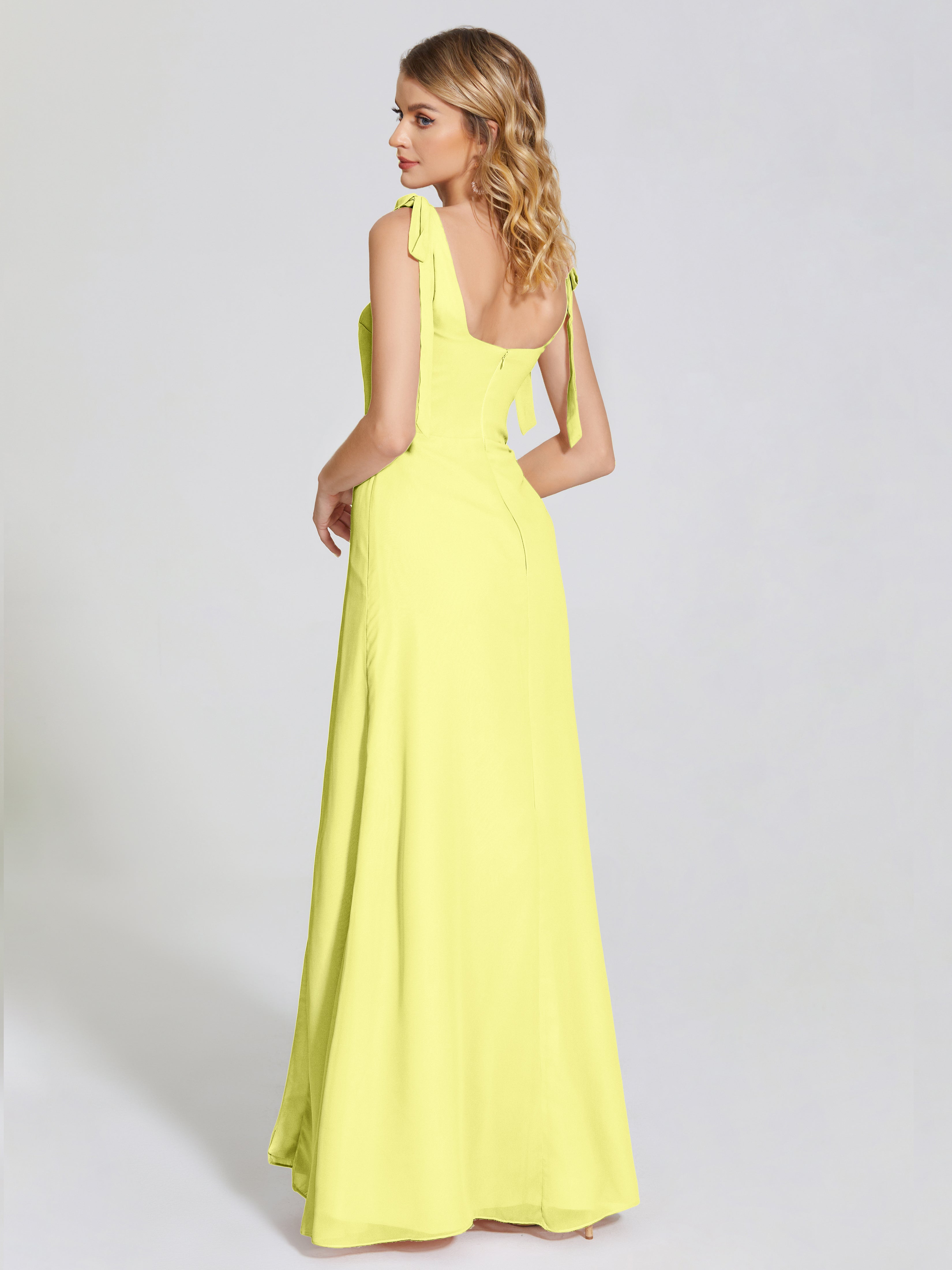 Robes De Demoiselle D'Honneur Jonquille Fendue Devant Encolure Carrée Mousseline Robe De Demoiselle D'Honneur