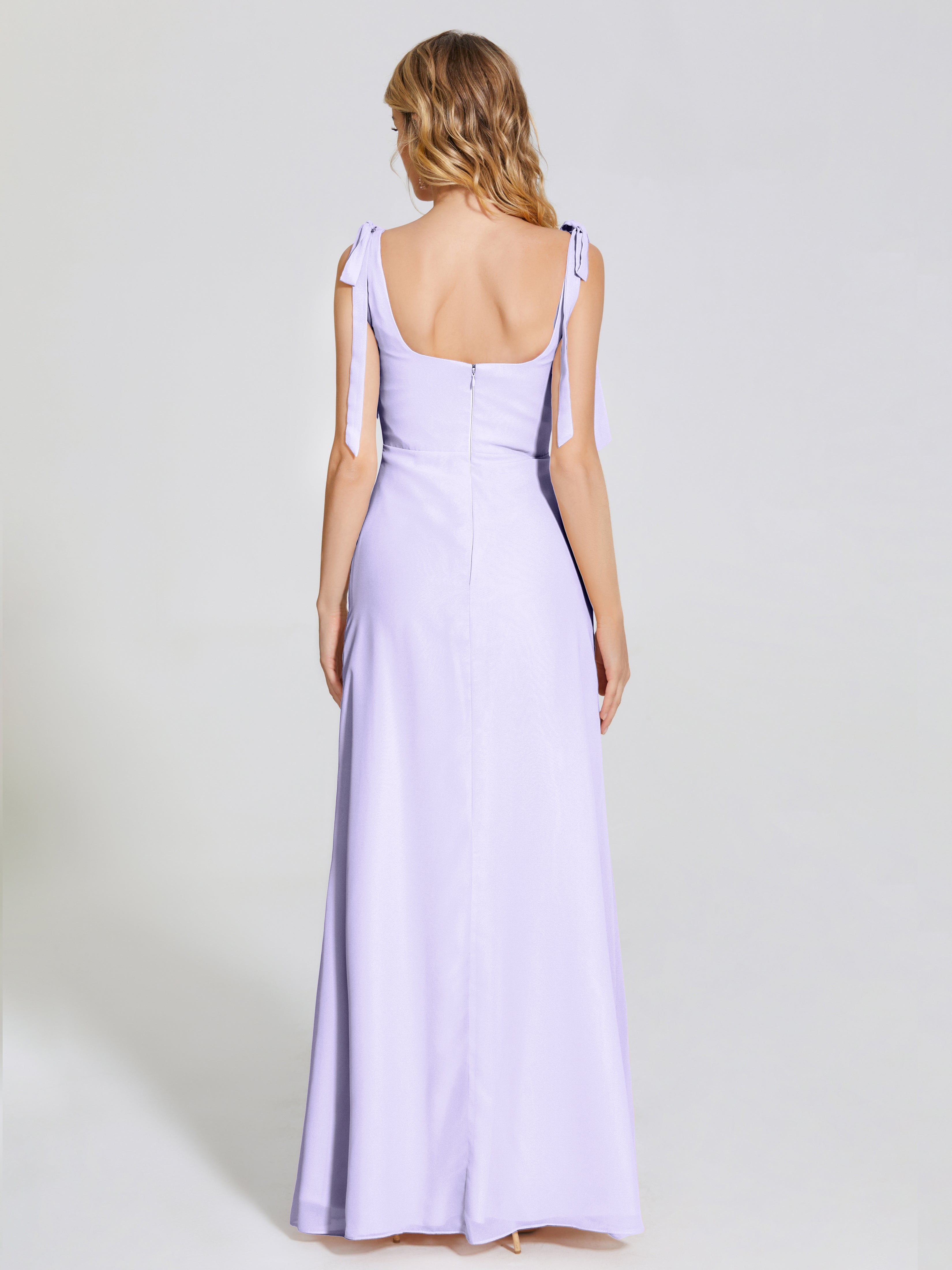 Robe Demoiselle Honneur Lilas Fendue Devant Encolure Carrée Mousseline Robe De Demoiselle D'Honneur