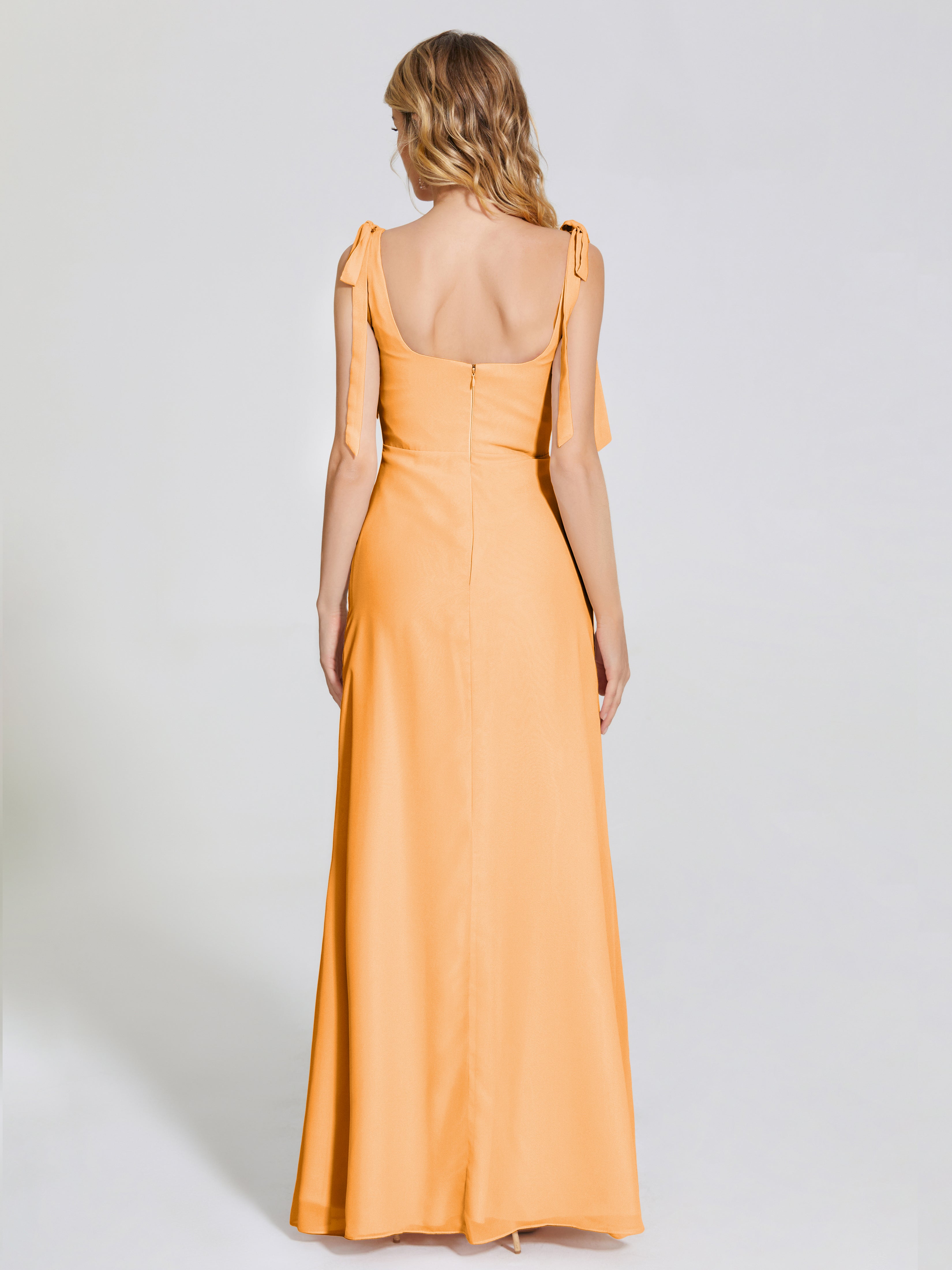 Robes De Demoiselle D'Honneur Mandarine Fendue Devant Encolure Carrée Mousseline Robe De Demoiselle D'Honneur