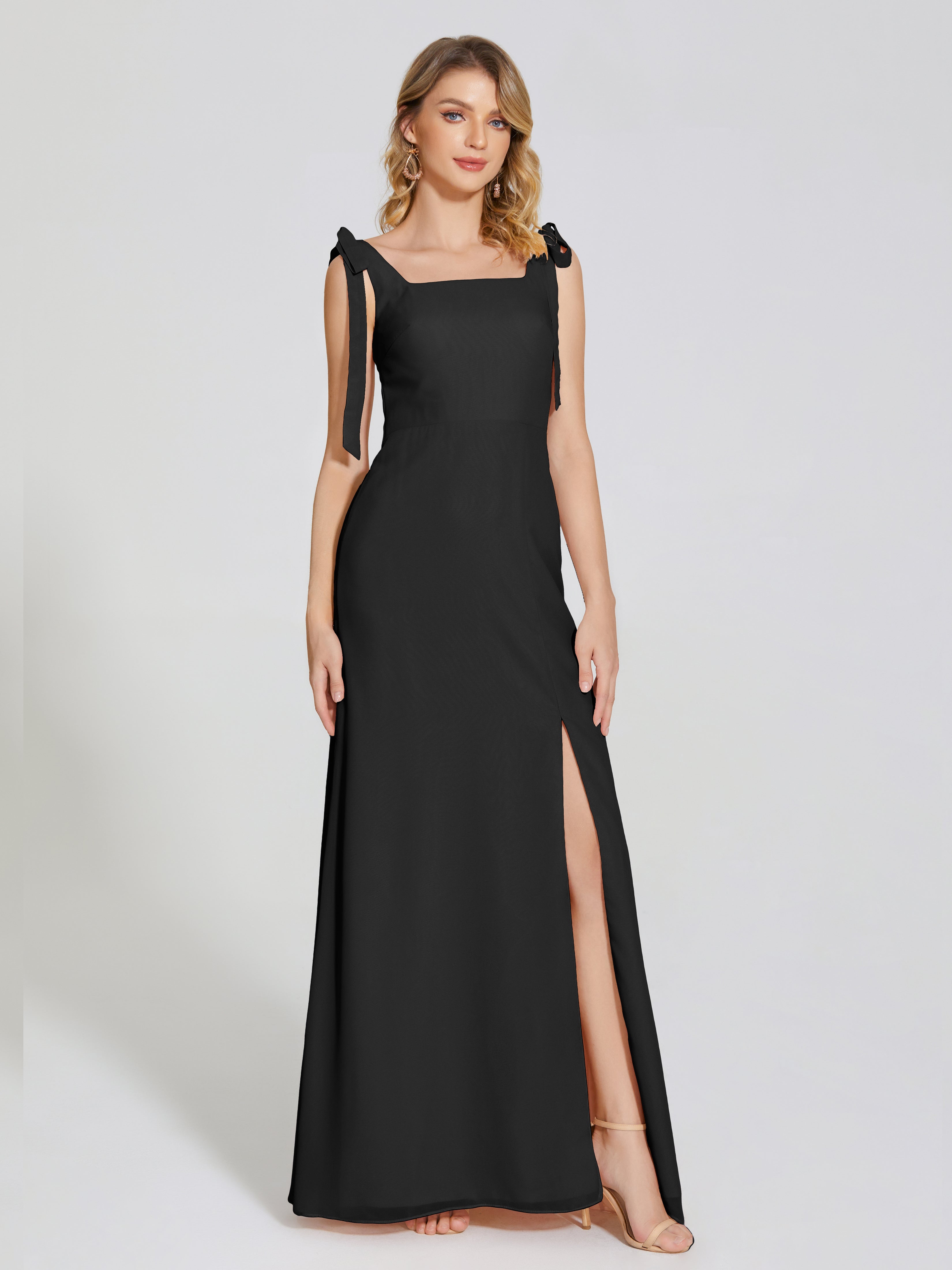 Robes De Demoiselle D'Honneur Noires Fendue Devant Encolure Carrée Mousseline Robe De Demoiselle D'Honneur